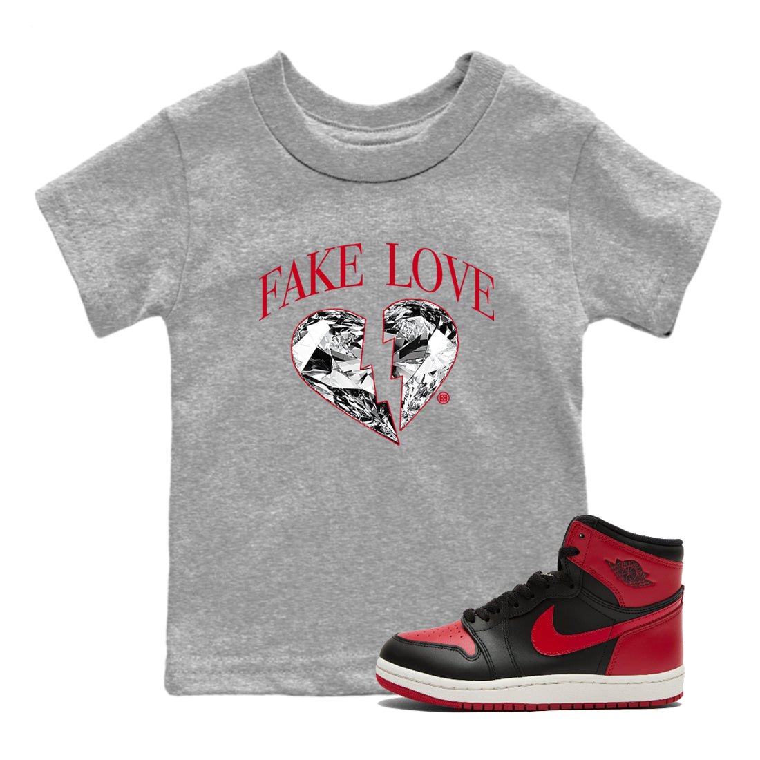 1s '85 Bred shirts to match jordans Fake Love best t shirts to wear with jordans AJ1 '85 Bred match shoes to clothes SNRT Sneaker Tees Youth Baby Heather Grey 1 tee