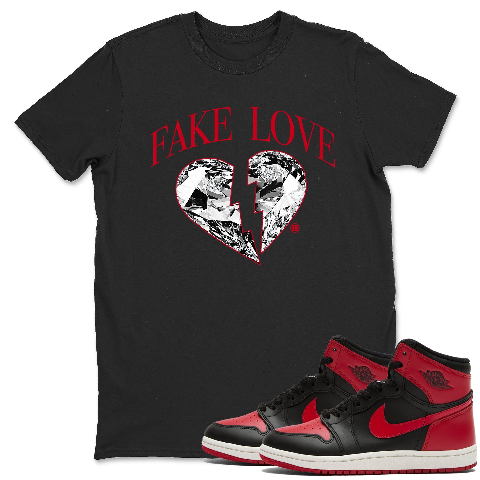 1s '85 Bred shirts to match jordans Fake Love best t shirts to wear with jordans AJ1 '85 Bred match shoes to clothes SNRT Sneaker Tees unisex cotton Black 1 shirts