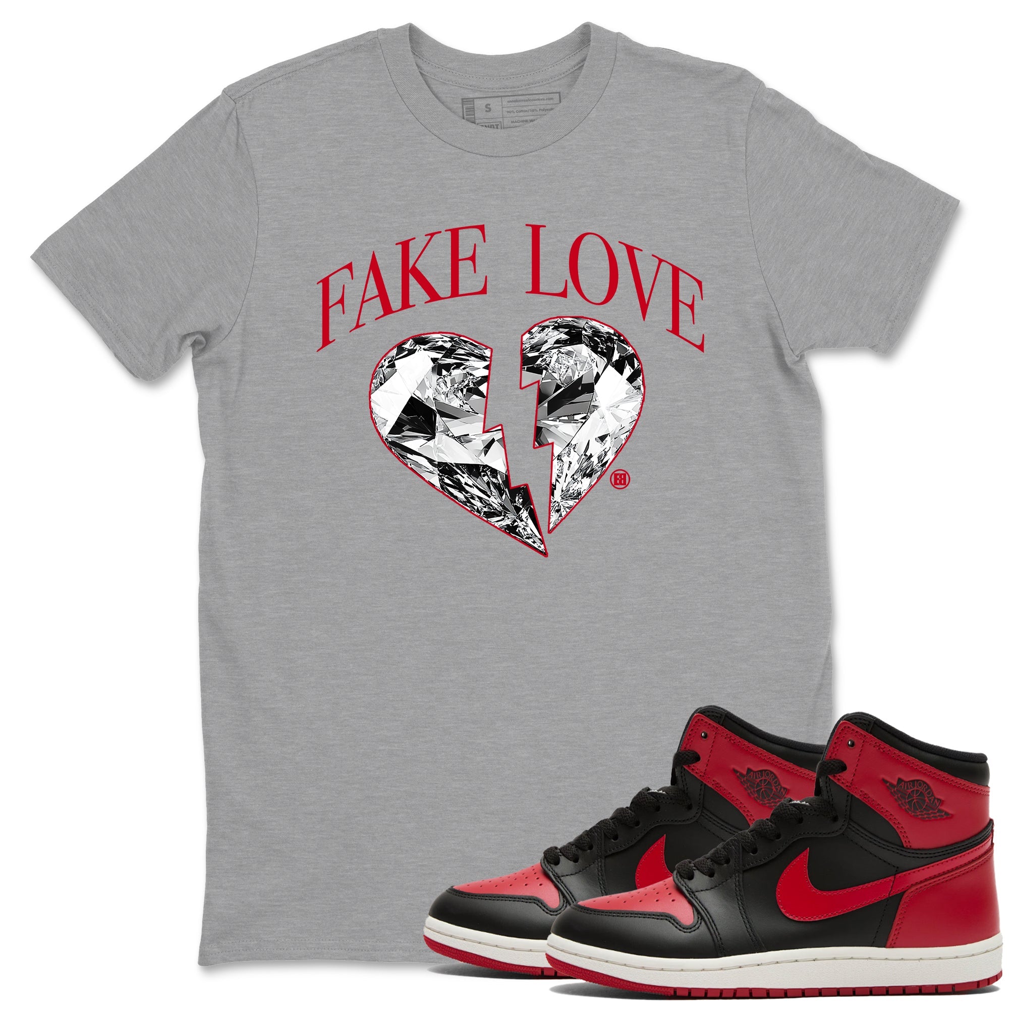 1s '85 Bred shirts to match jordans Fake Love best t shirts to wear with jordans AJ1 '85 Bred match shoes to clothes SNRT Sneaker Tees unisex cotton Heather Grey 1 shirts