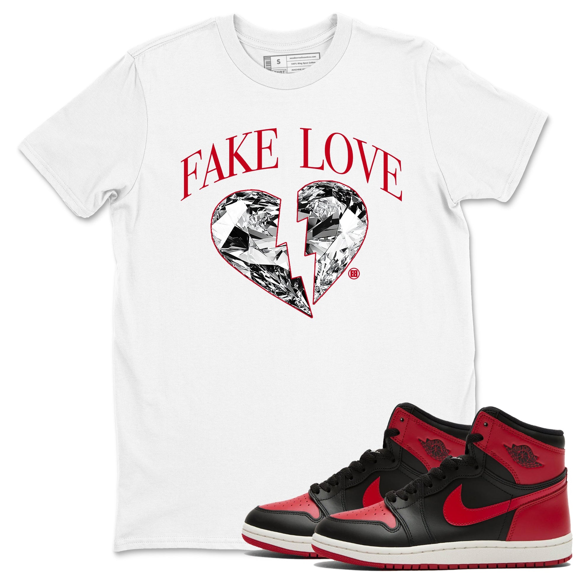 1s '85 Bred shirts to match jordans Fake Love best t shirts to wear with jordans AJ1 '85 Bred match shoes to clothes SNRT Sneaker Tees unisex cotton White 1 shirts