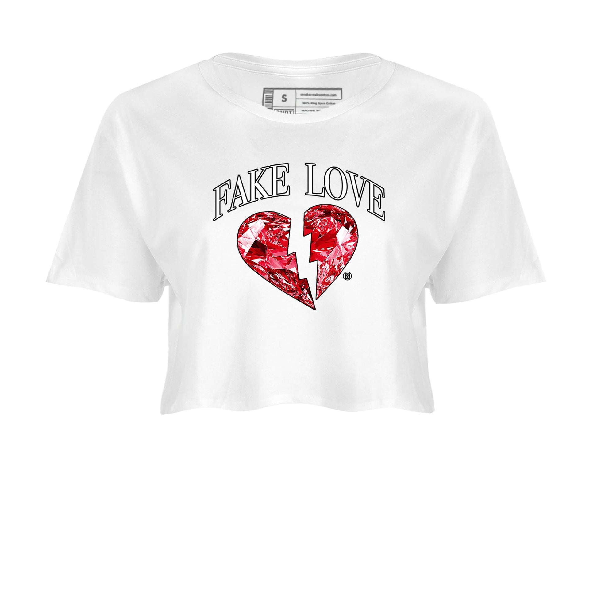 Fake Love womens crop tee made to vibe with the Air Jordan 1 Ruby sneakers — the perfect match in White 2.