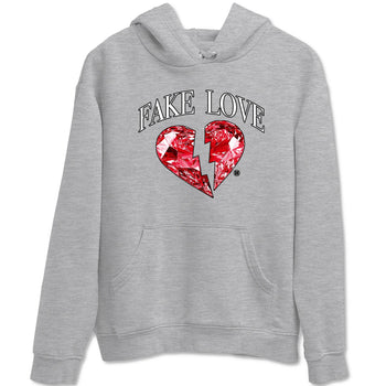 Fake Love sneaker match t-shirt styled to complete your fit with the Air Jordan 1 Ruby sneakers, shown in Heather Grey 2.
