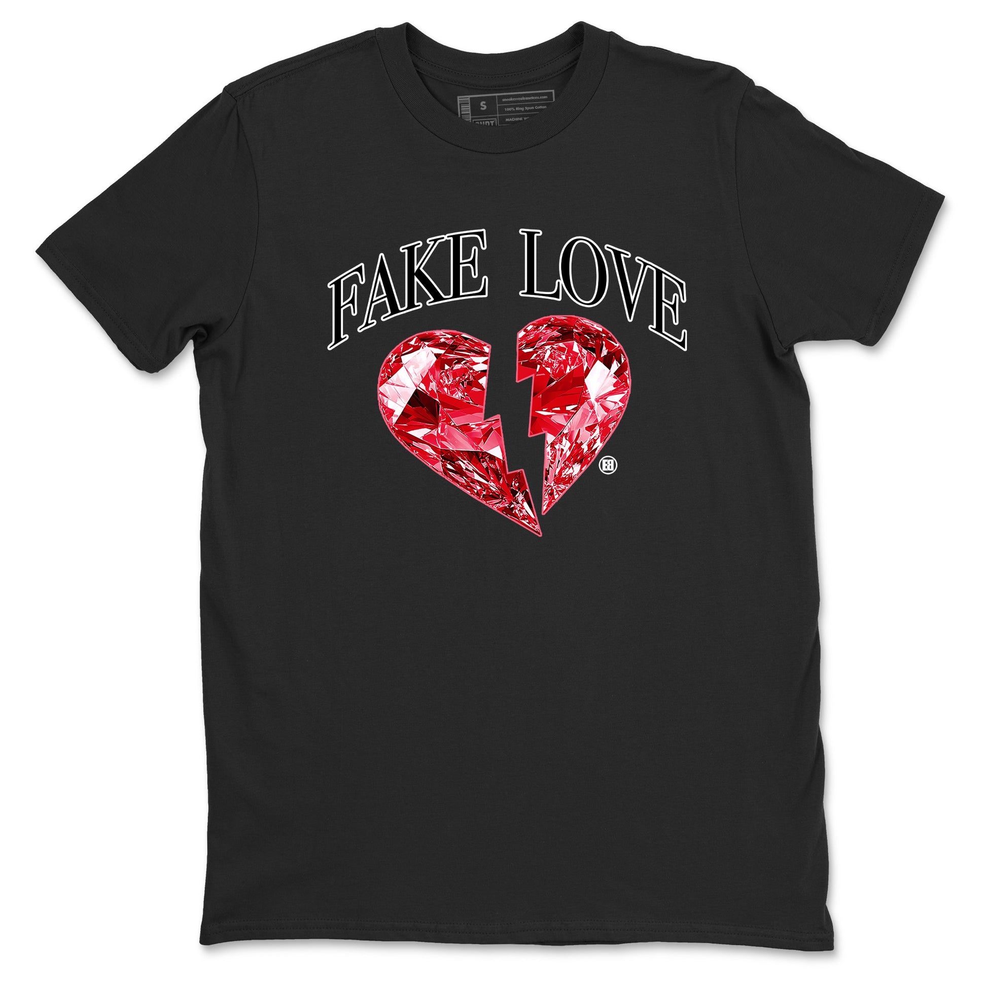 Fake Love sneaker match t-shirt styled to complete your fit with the Air Jordan 1 Ruby sneakers, shown in Black 2.
