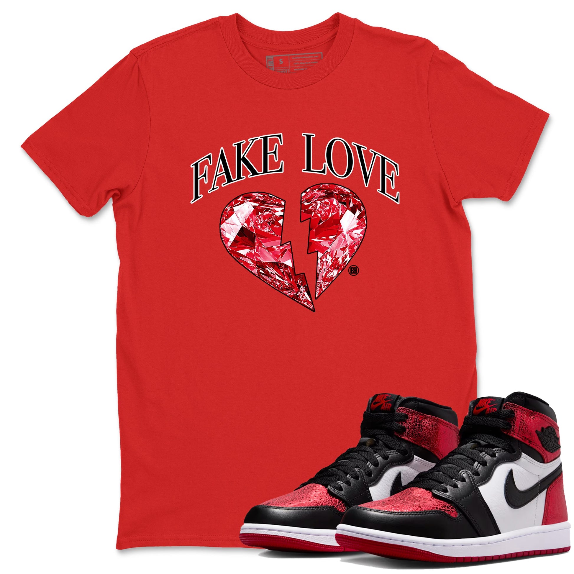 Fake Love sneaker match t-shirt styled to complete your fit with the Air Jordan 1 Ruby sneakers, shown in Red 1.
