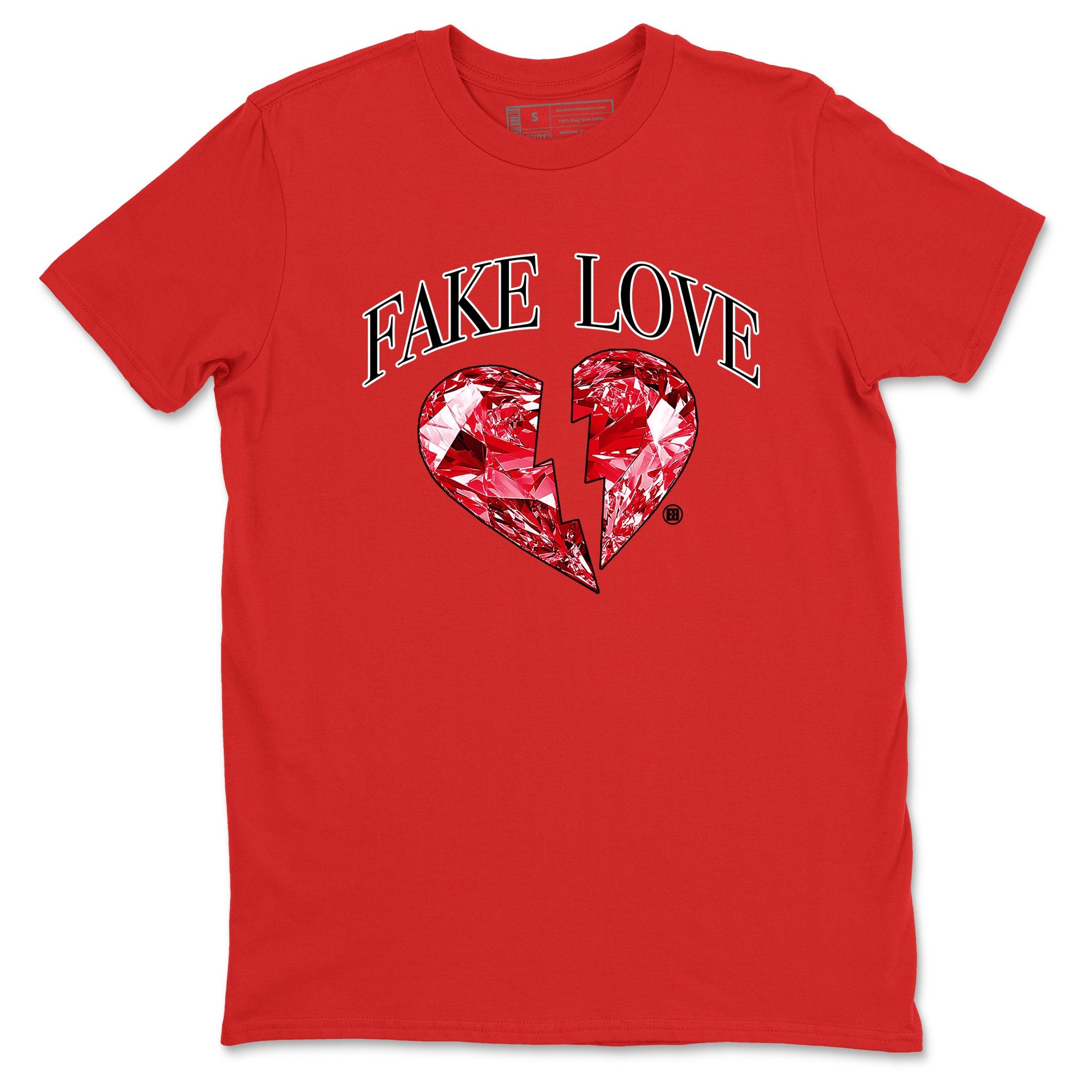 Fake Love sneaker match t-shirt styled to complete your fit with the Air Jordan 1 Ruby sneakers, shown in Red 2.