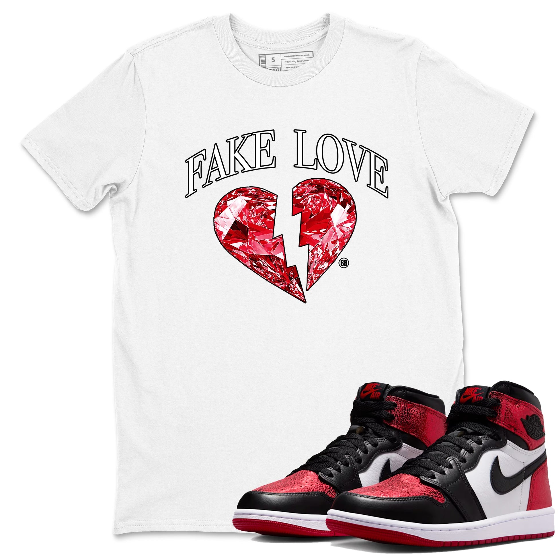 Fake Love sneaker match t-shirt styled to complete your fit with the Air Jordan 1 Ruby sneakers, shown in White 1.