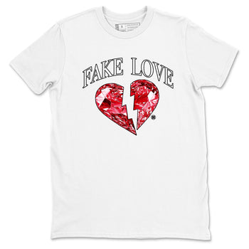 Fake Love sneaker match t-shirt styled to complete your fit with the Air Jordan 1 Ruby sneakers, shown in White 2.