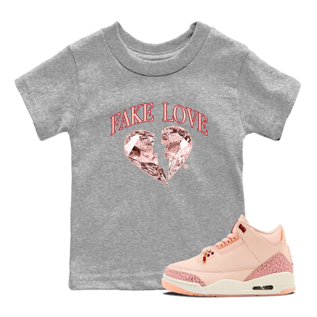 3s Valentines Day tee to match jordans Fake Love best t shirts to wear with jordans Air Jordan 3 "Treat Yourself" Washed Coral special Valentine's Day Gift SNRT Sneaker Tees Youth Baby Heather Grey 1 tee