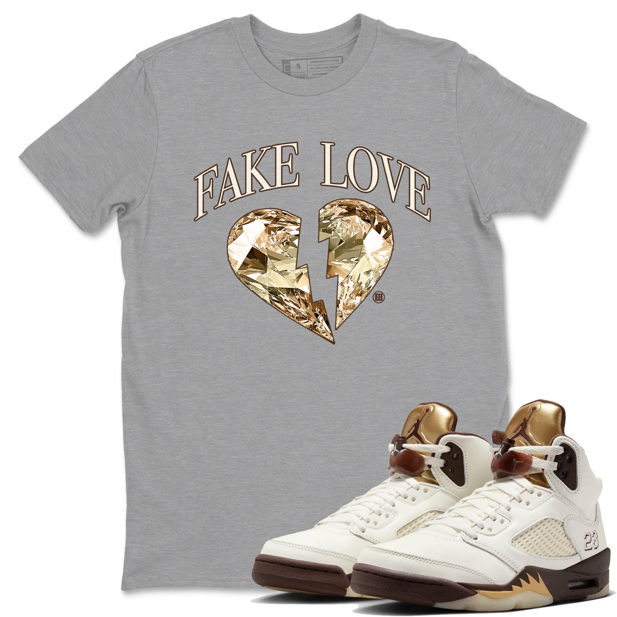 5s Golden Ticket shirts to match jordans Fake Love best t shirts to wear with jordans Air Jordan 5 Golden Ticket match shoes to clothes SNRT Sneaker Tees unisex cotton Heather Grey 1 shirts