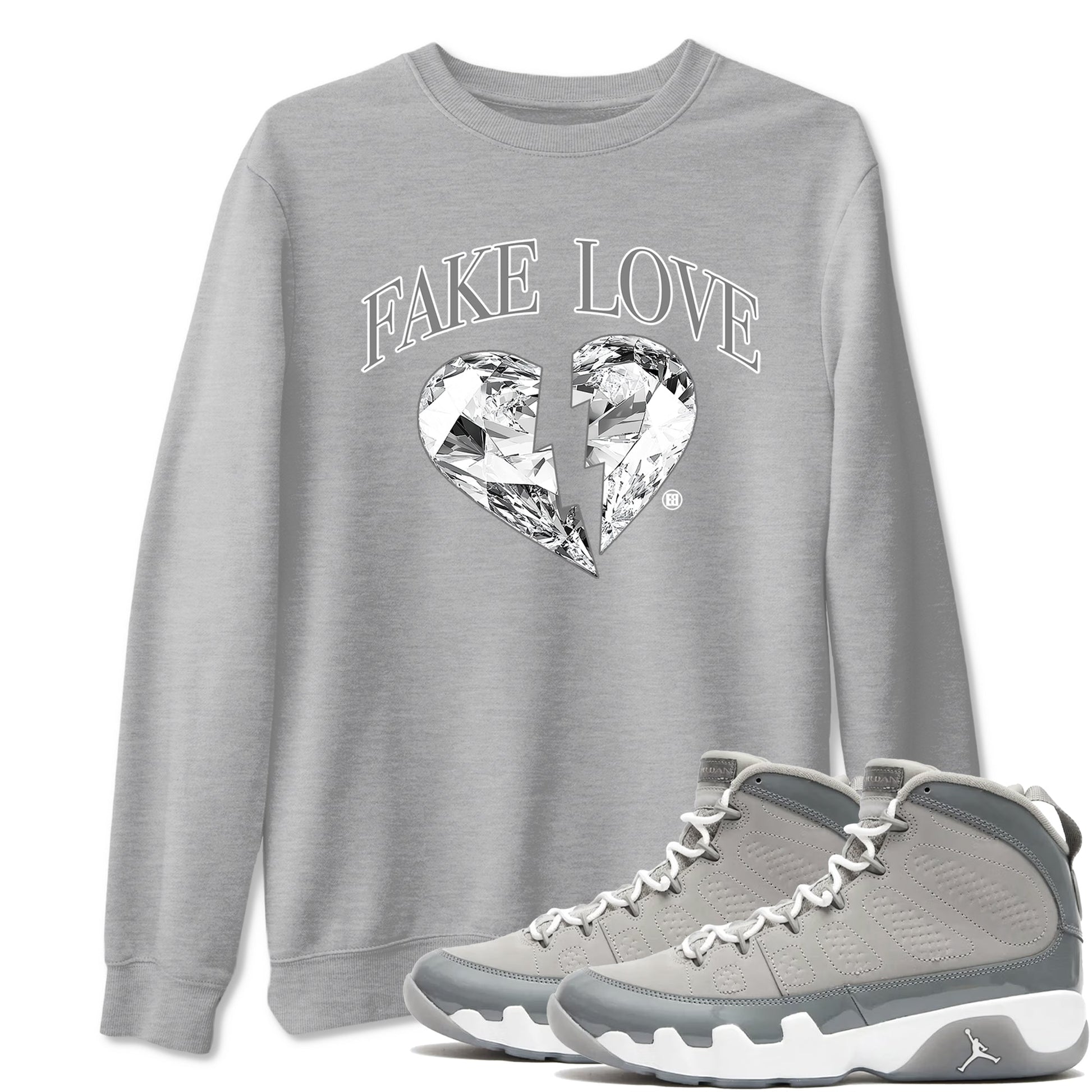 9s Cool Grey shirts to match jordans Fake Love best t shirts to wear with jordans Air Jordan 9 Cool Grey match shoes to clothes SNRT Sneaker Tees unisex cotton Heather Grey 1 shirts