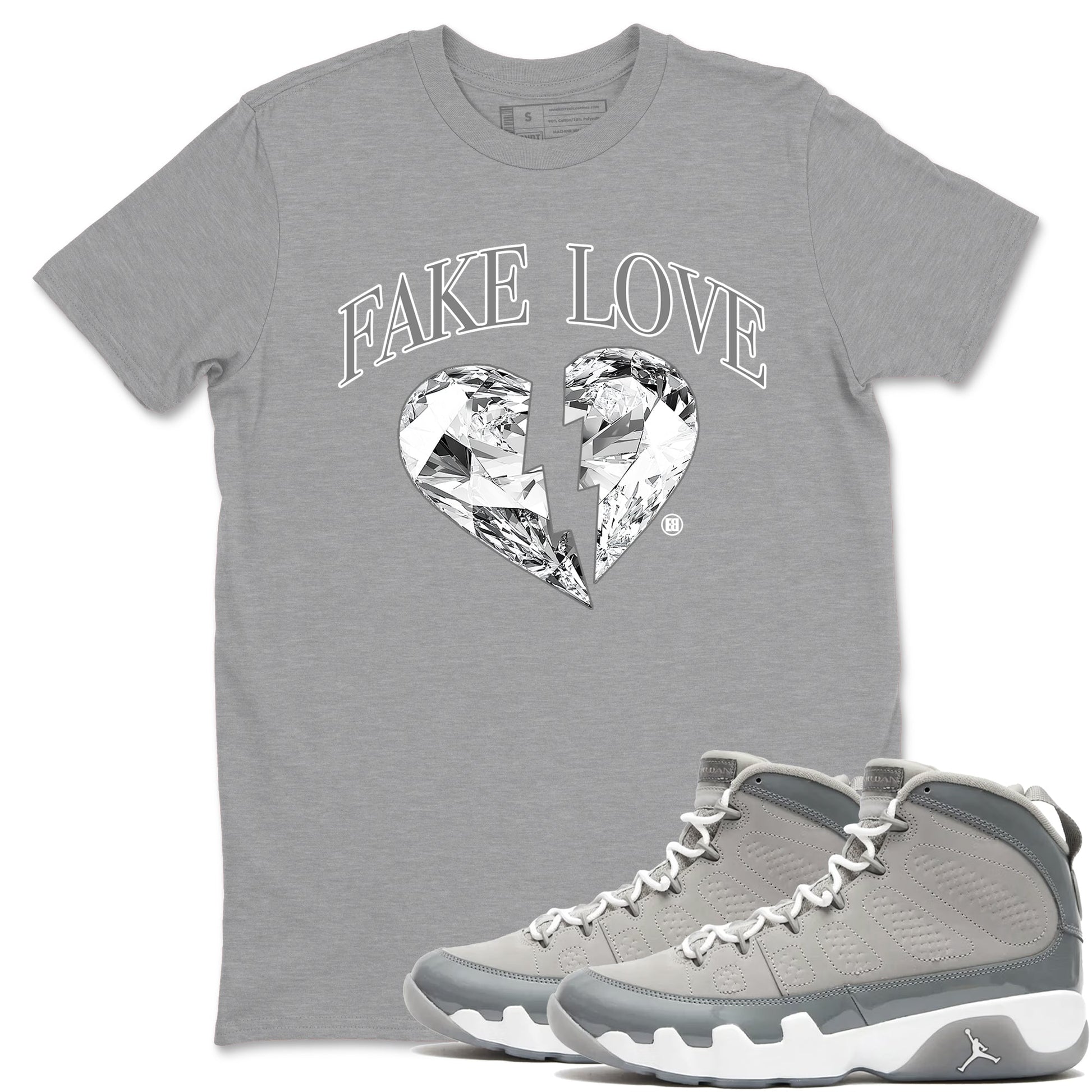 9s Cool Grey shirts to match jordans Fake Love best t shirts to wear with jordans Air Jordan 9 Cool Grey match shoes to clothes SNRT Sneaker Tees unisex cotton Heather Grey 1 shirts