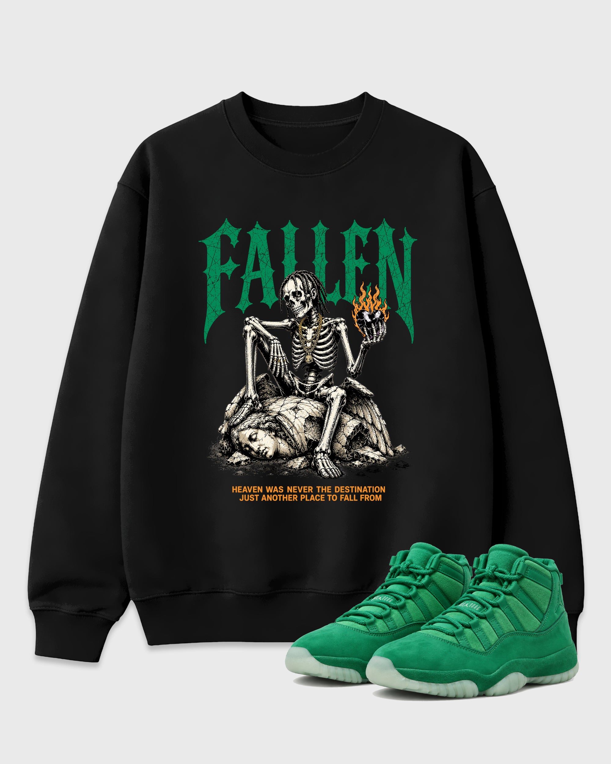 Fallen Graphic T-Shirt featuring original streetwear artwork designed to match the Air Jordan 11 Green Screen. Black 1 Graphic Tee.