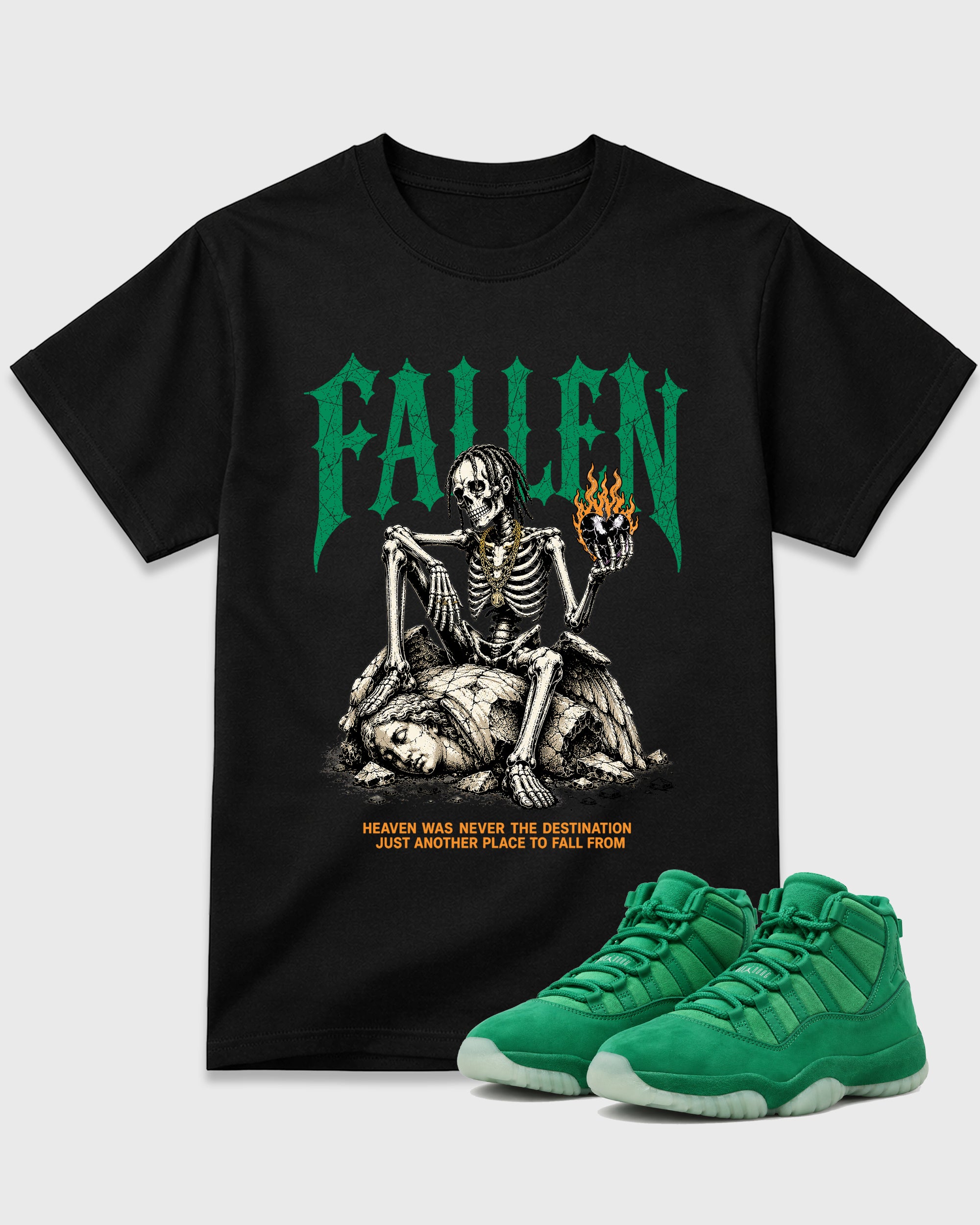 Fallen Graphic T-Shirt featuring original streetwear artwork designed to match the Air Jordan 11 Green Screen. Black 1 Graphic T-Shirt.