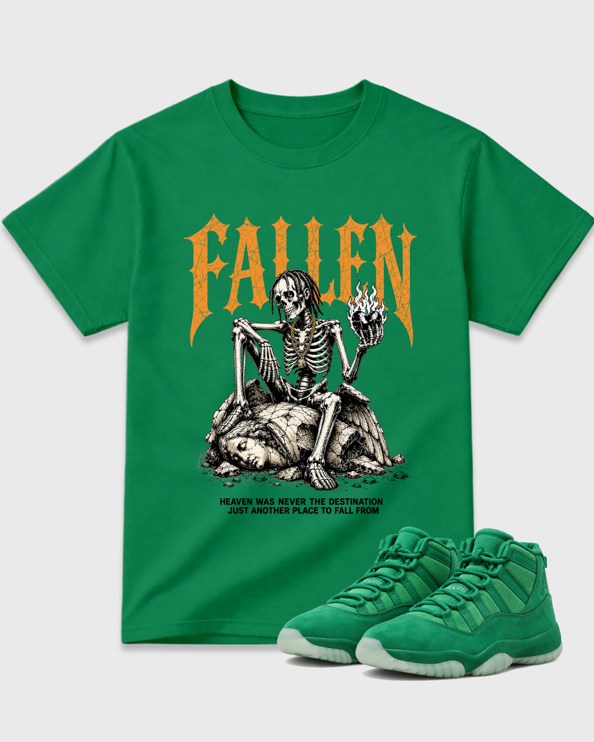 Fallen Graphic T-Shirt featuring original streetwear artwork designed to match the Air Jordan 11 Green Screen. Kelly Green 1 Graphic T-Shirt.