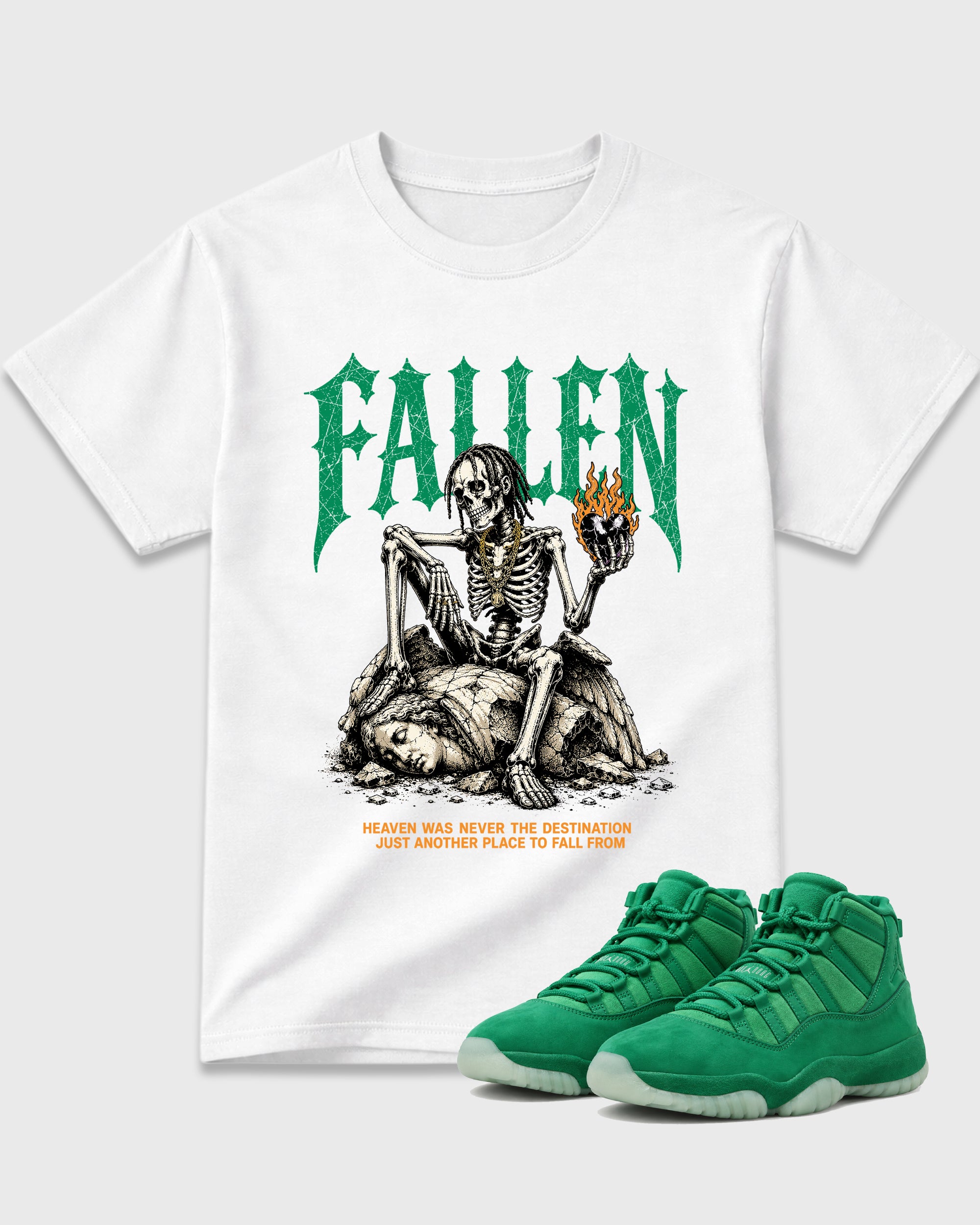 Fallen Graphic T-Shirt featuring original streetwear artwork designed to match the Air Jordan 11 Green Screen. White 1 Graphic T-Shirt.