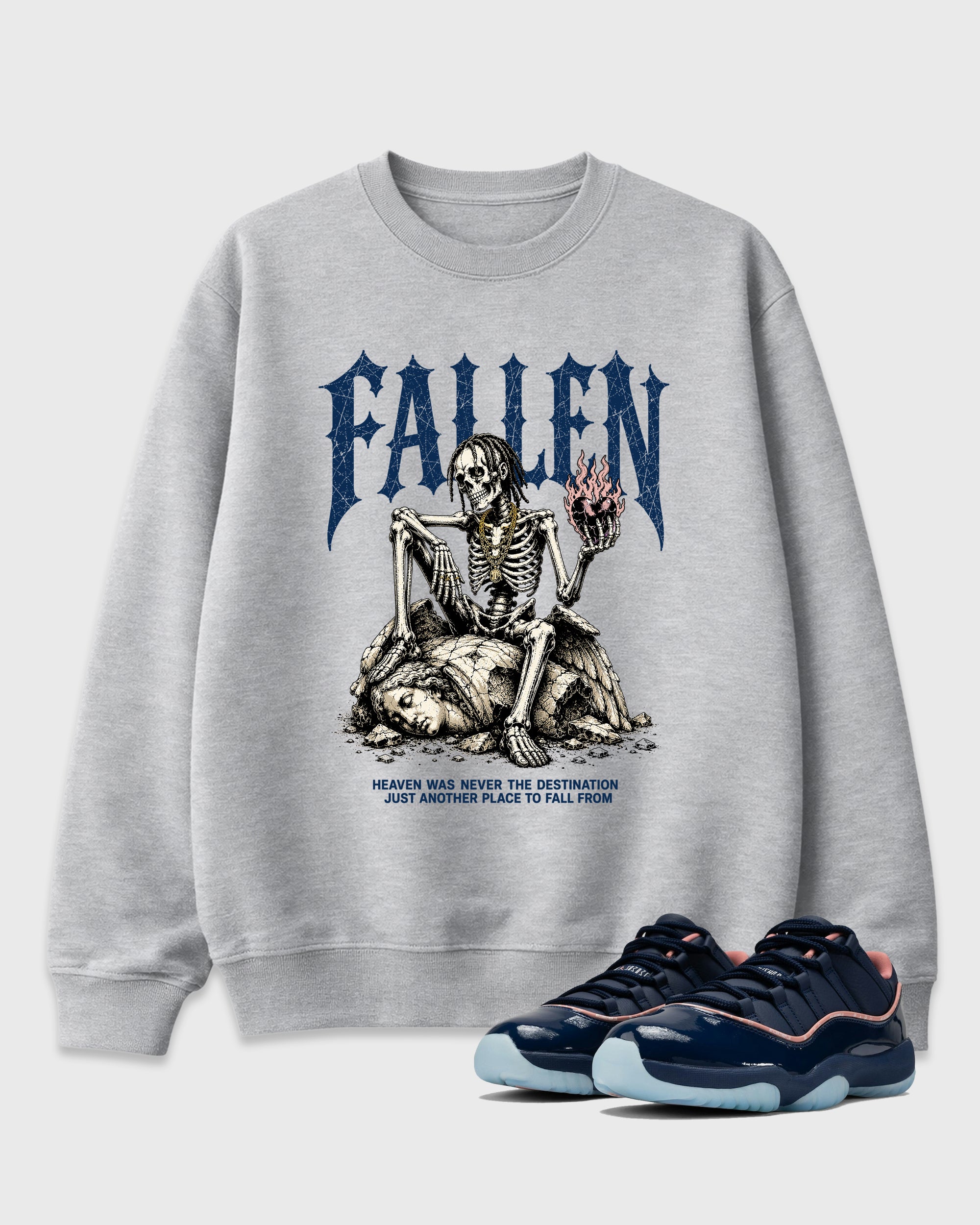 Fallen Graphic T-Shirt featuring original streetwear artwork designed to match the Air Jordan 11 Made For Locals. Heather Grey 1 Graphic Tee.