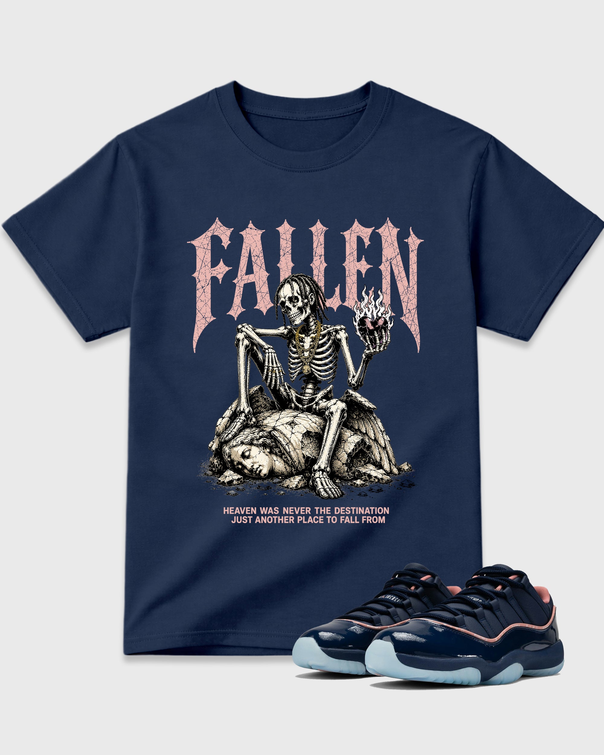 Fallen Graphic T-Shirt featuring original streetwear artwork designed to match the Air Jordan 11 Made For Locals. Navy 1 Graphic T-Shirt.
