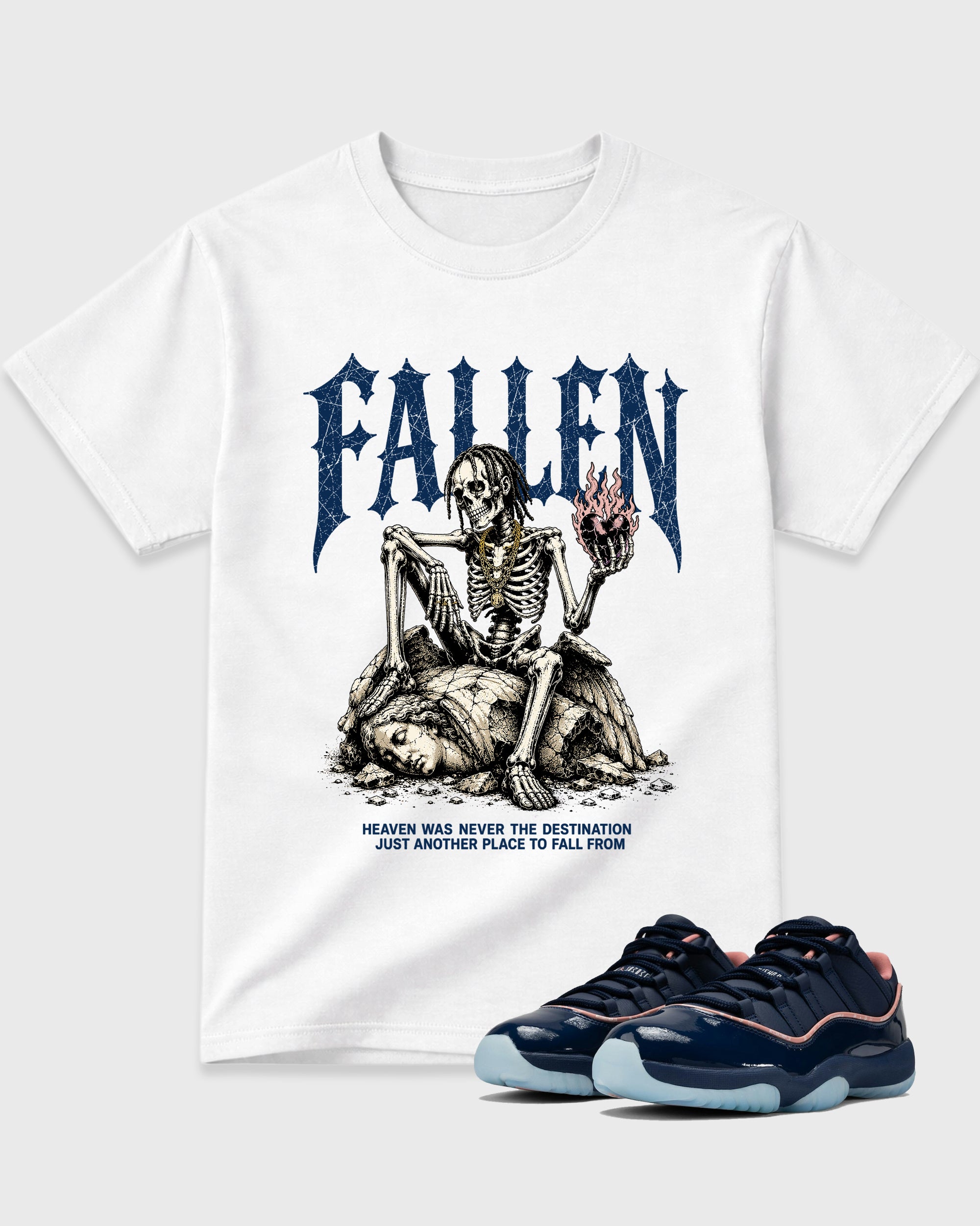Fallen Graphic T-Shirt featuring original streetwear artwork designed to match the Air Jordan 11 Made For Locals. White 1 Graphic T-Shirt.