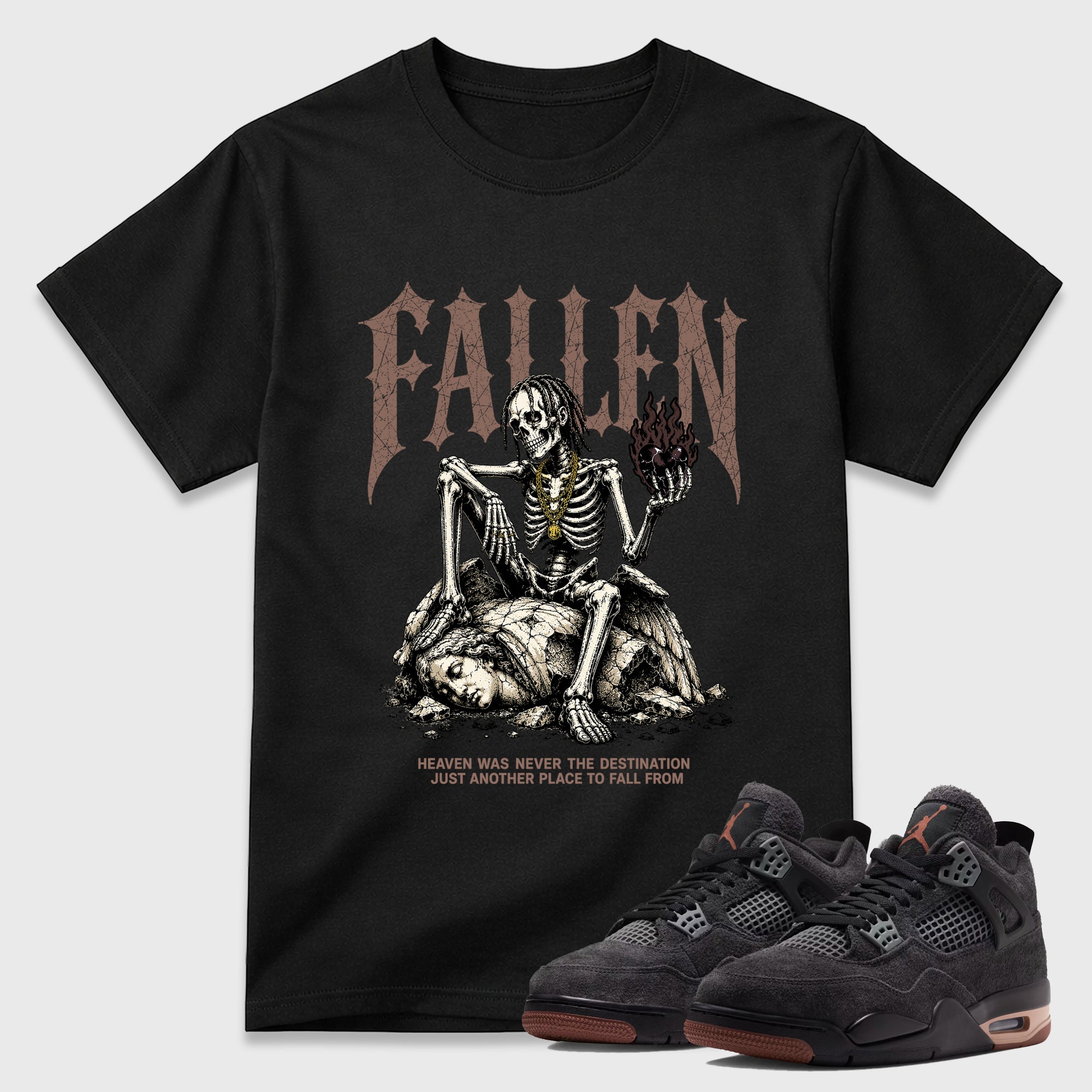 Fallen Graphic T-Shirt featuring original streetwear artwork designed to match the Air Jordan 4 London. Black 1 Graphic T-Shirt.