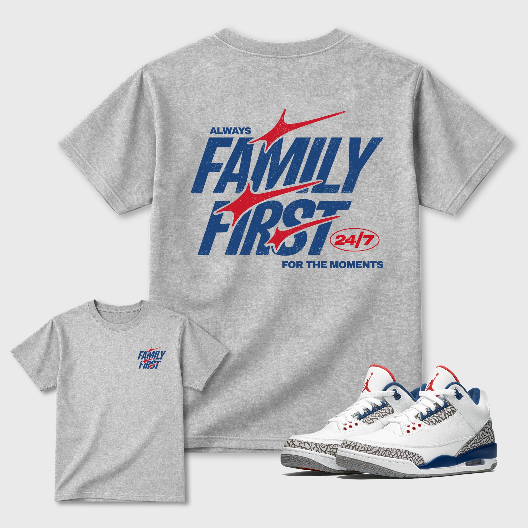 Family First Graphic T-Shirt featuring original streetwear artwork designed to match the . Heather Grey Graphic T-Shirt.