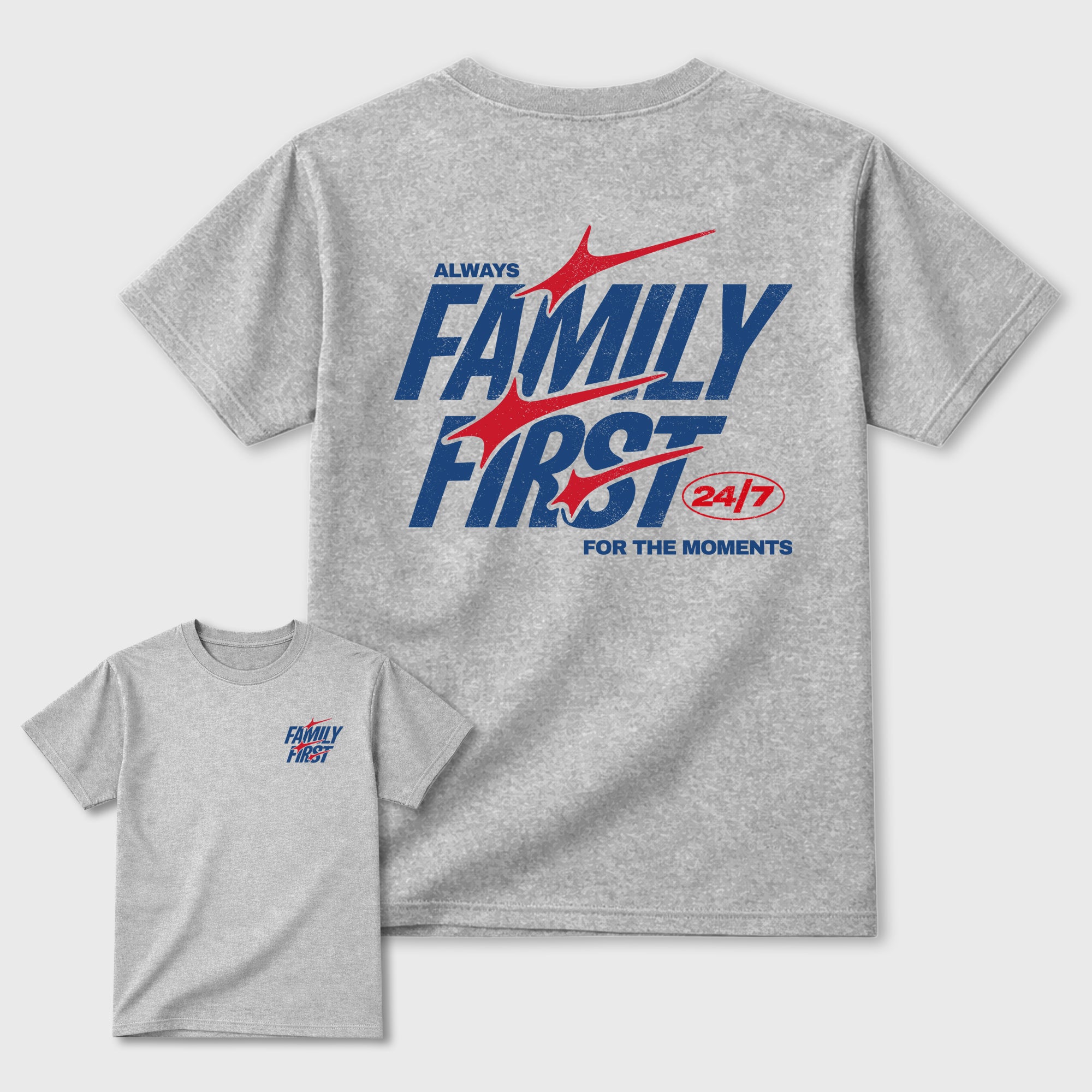 Family First Graphic T-Shirt featuring original streetwear artwork designed to match the . Heather Grey Graphic T-Shirt.