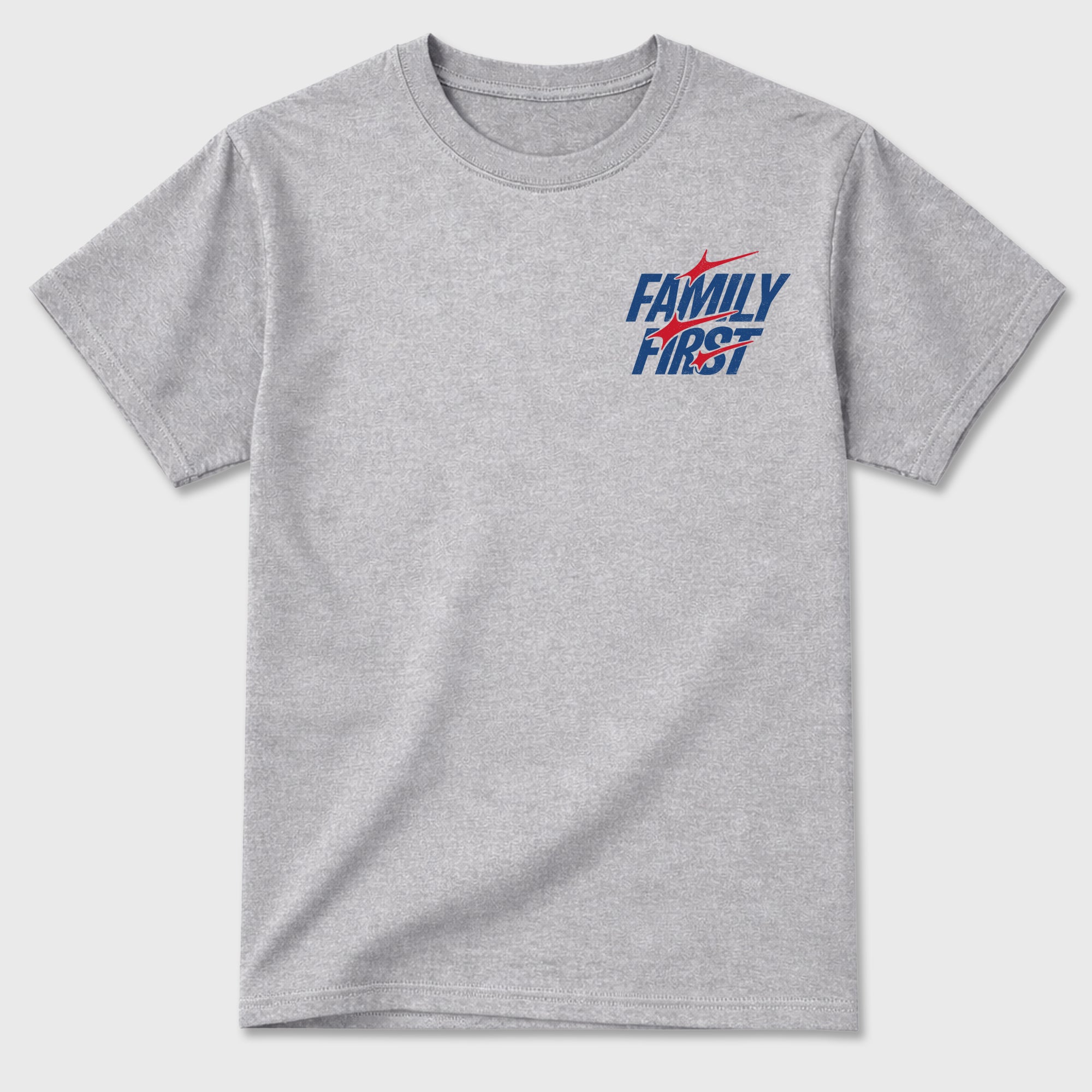 Family First Graphic T-Shirt featuring original streetwear artwork designed to match the . Heather Grey Graphic T-Shirt.