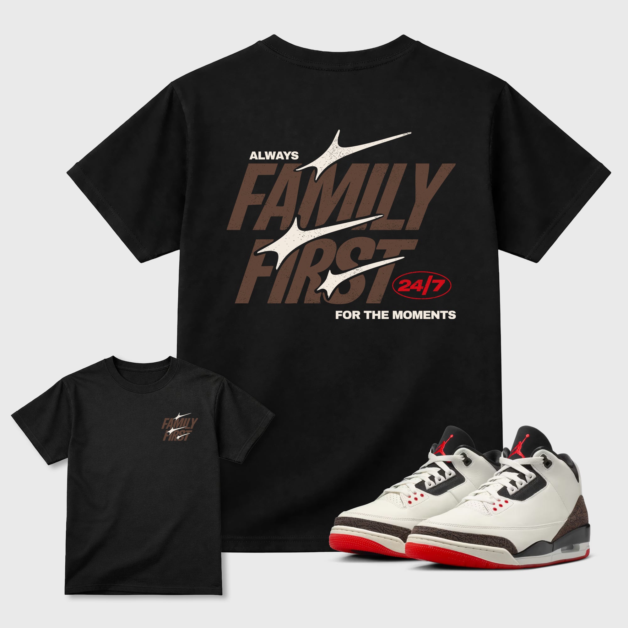 Family First double side graphic tee styled to complete your fit with the AJ3 World's Best Dad, shown in Black.