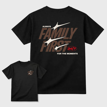 Family First double side graphic tee styled to complete your fit with the AJ3 World's Best Dad, shown in Black.