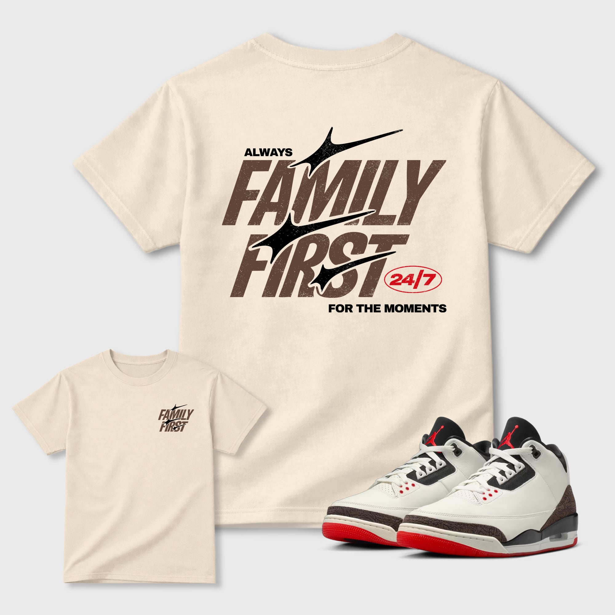 Family First double side graphic tee styled to complete your fit with the AJ3 World's Best Dad, shown in Natural.