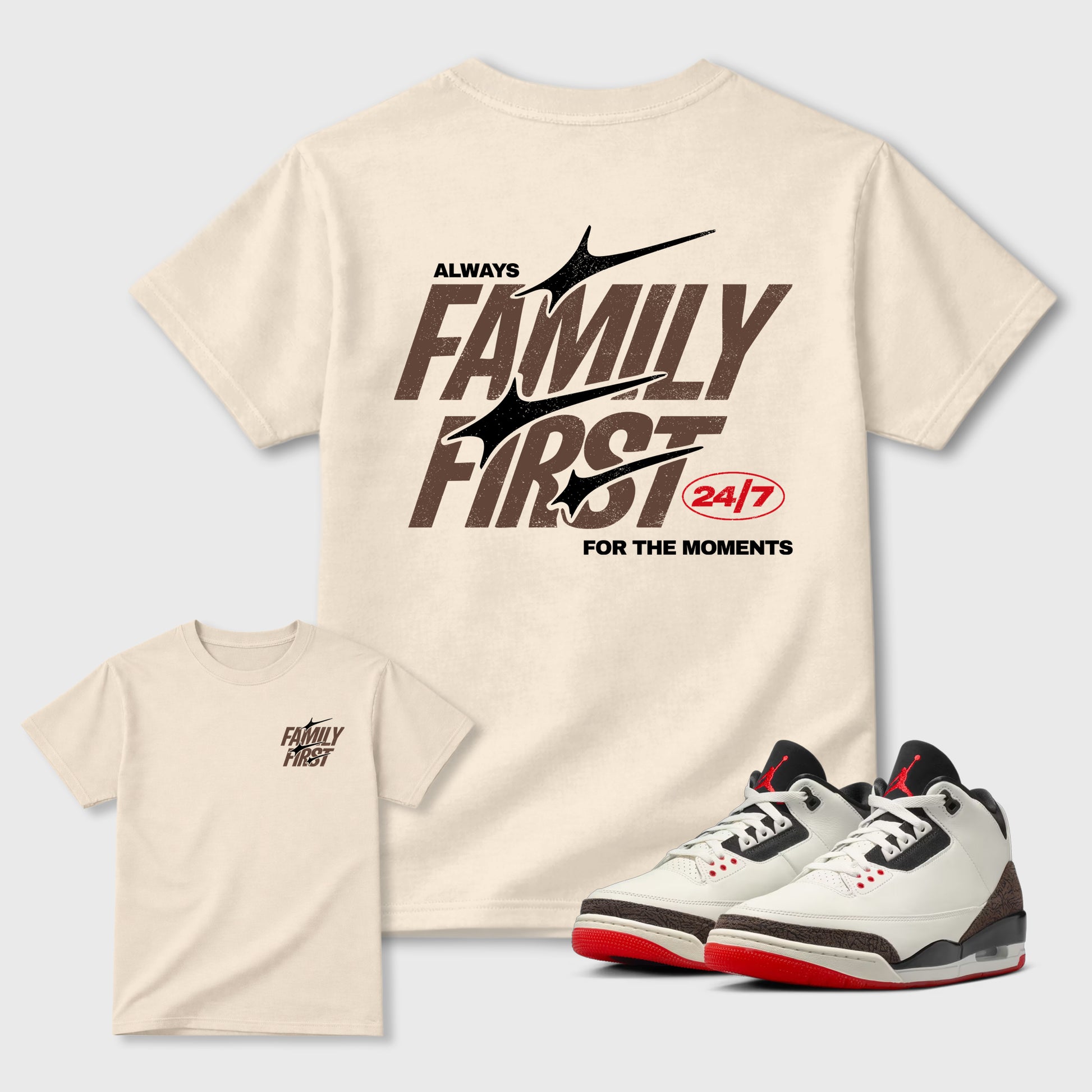 Family First double side graphic tee styled to complete your fit with the AJ3 World's Best Dad, shown in Natural.