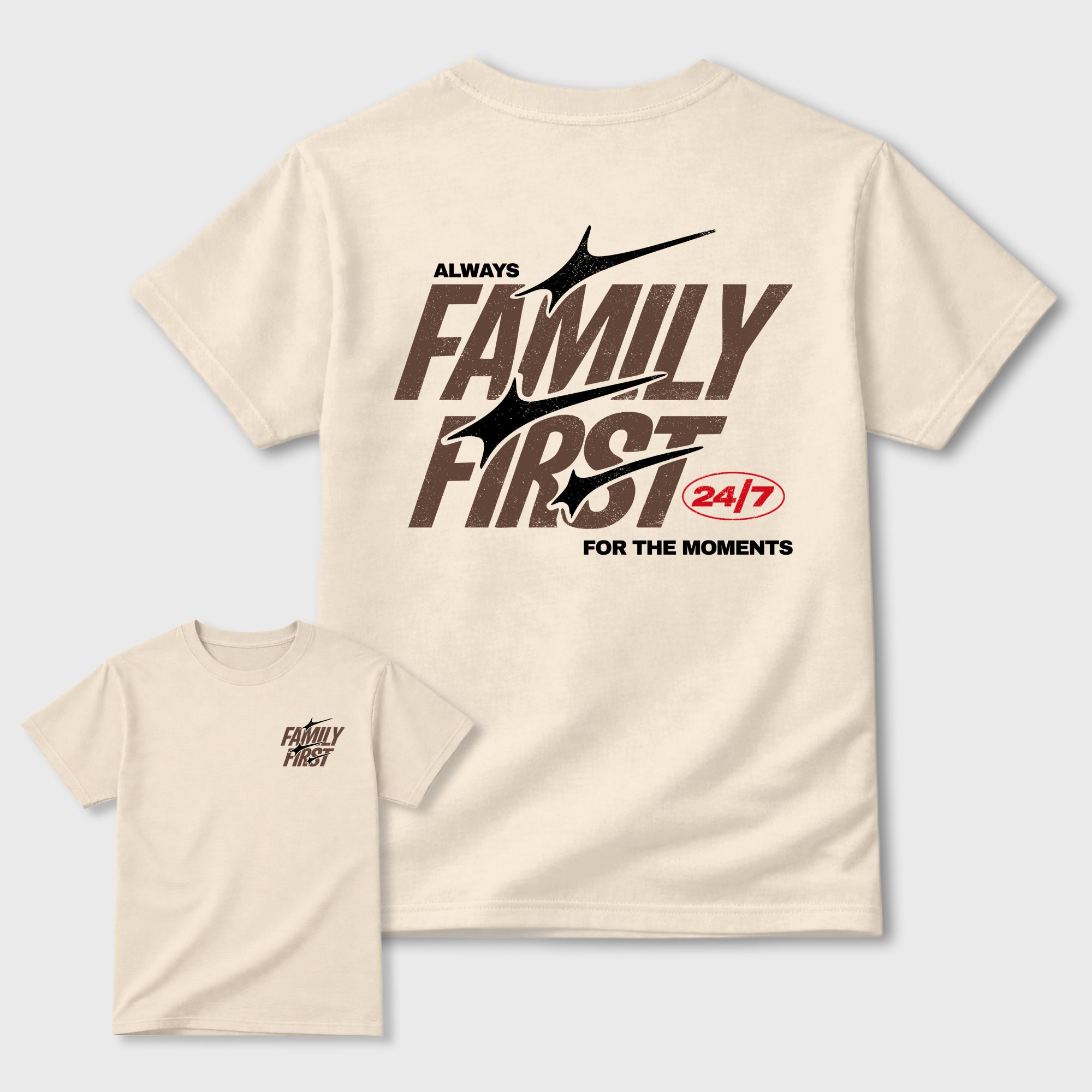 Family First double side graphic tee styled to complete your fit with the AJ3 World's Best Dad, shown in Natural.