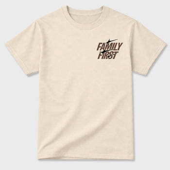 Family First double side graphic tee styled to complete your fit with the AJ3 World's Best Dad, shown in Natural.