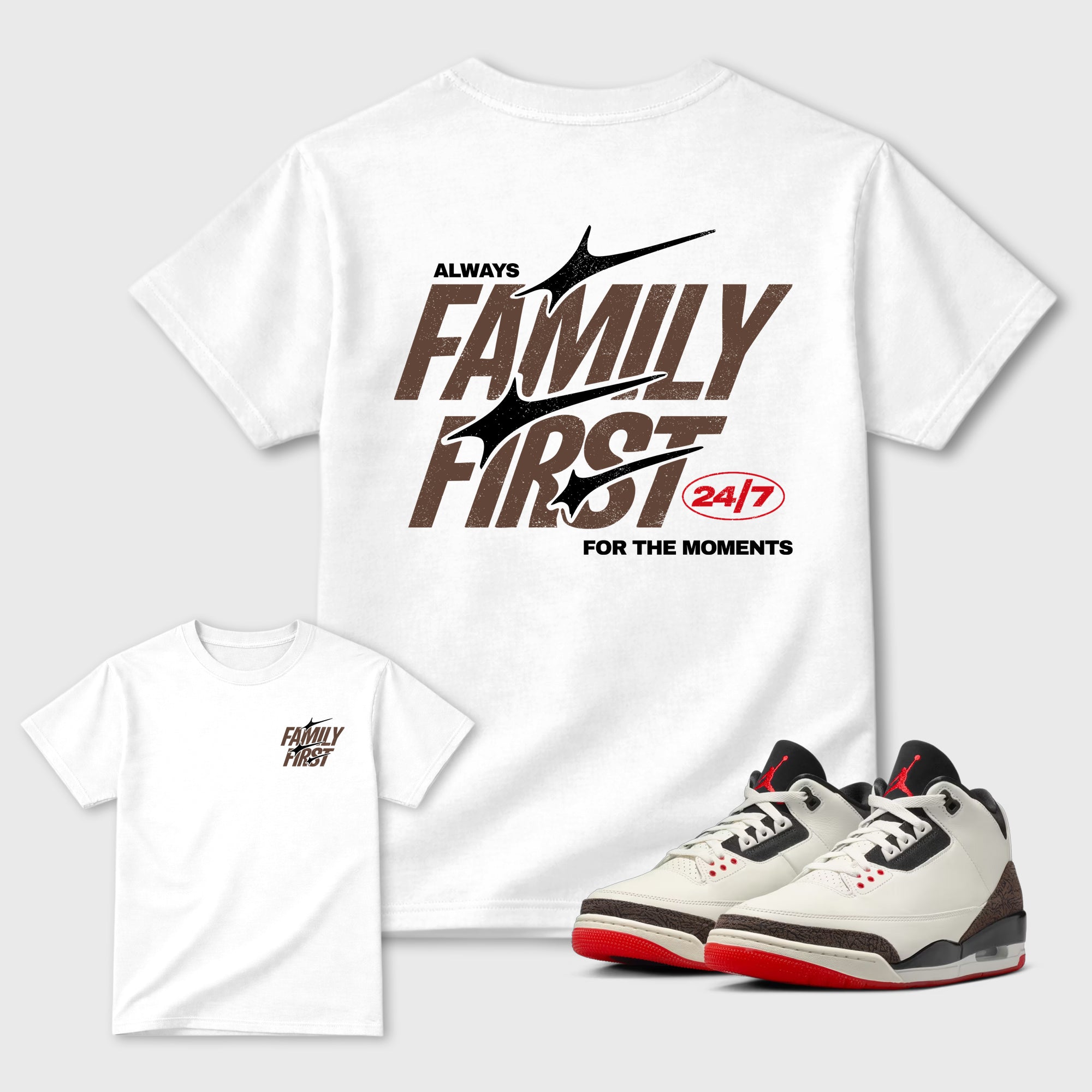 Family First double side graphic tee styled to complete your fit with the Air Jordan 3 World's Best Dad sneakers, shown in White.
