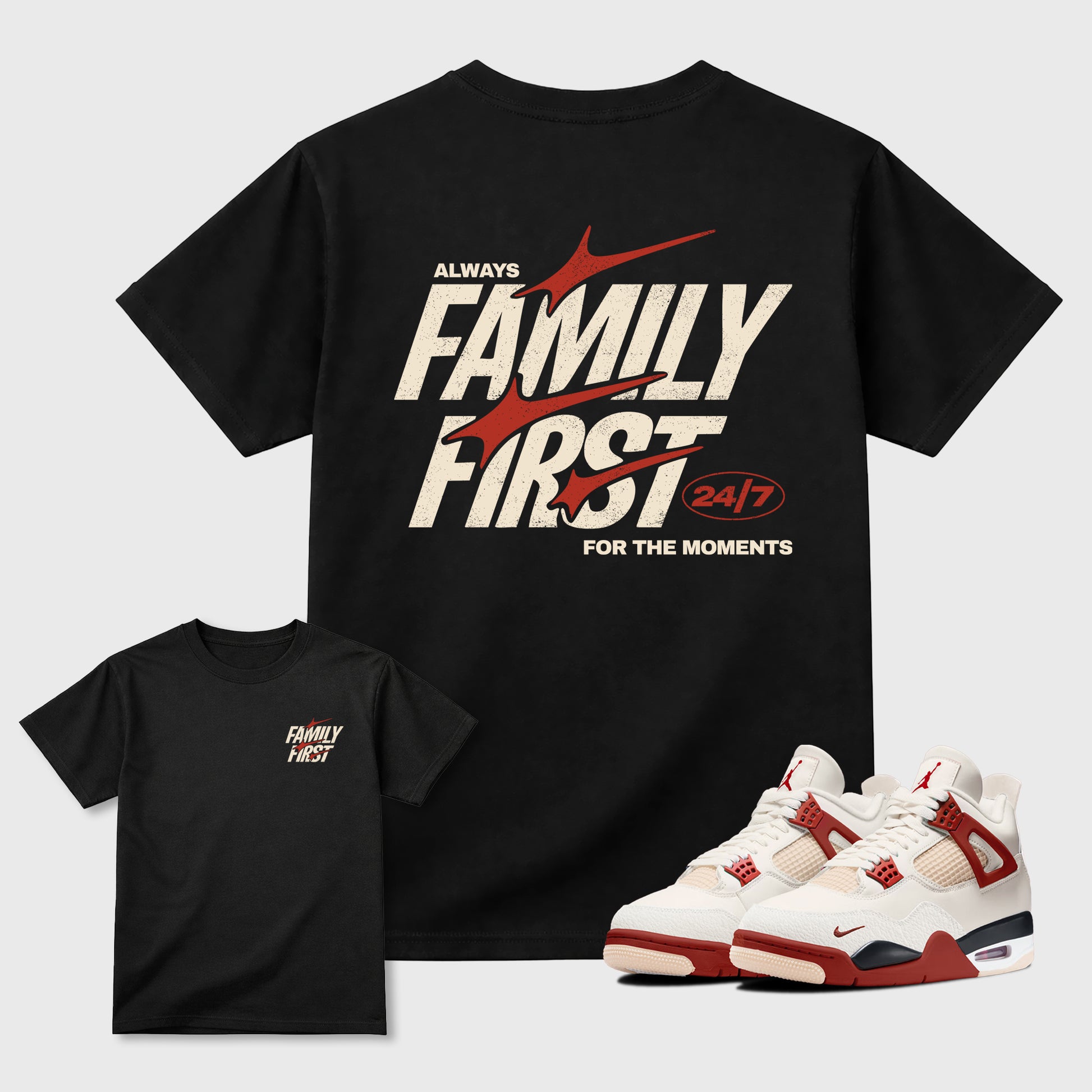 Family First Graphic T-Shirt sneaker match tee designed for the 4s Brick After Brick, featuring coordinated color options for a perfect streetwear match. Black shirt.