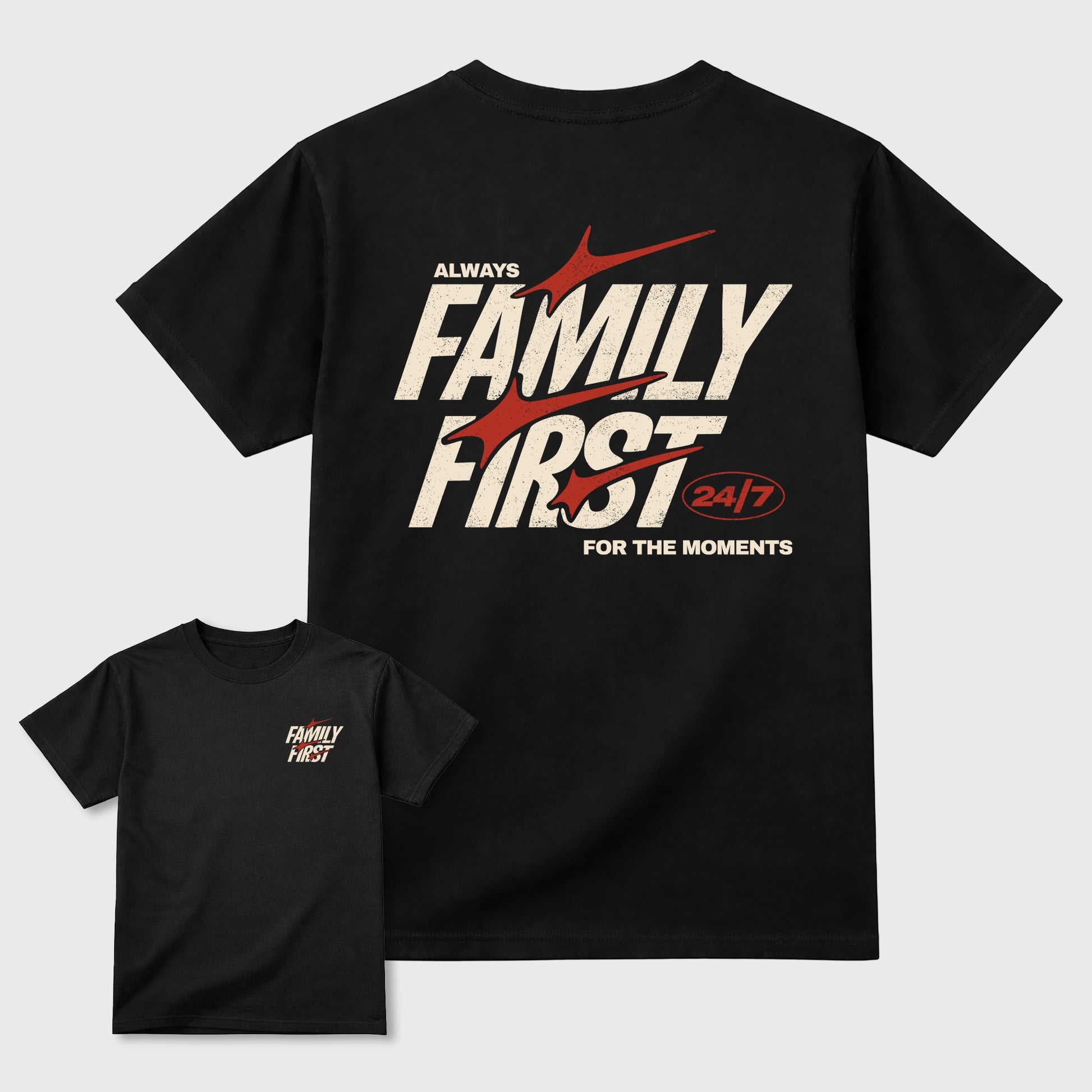 Family First Graphic T-Shirt sneaker match tee designed for the 4s Brick After Brick, featuring coordinated color options for a perfect streetwear match. Black shirt.