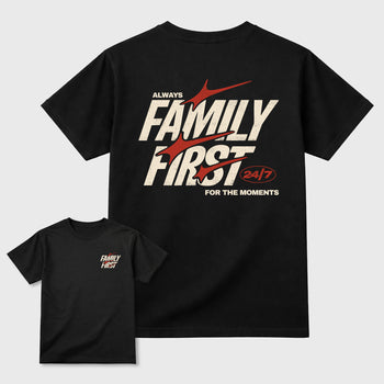 Family First Graphic T-Shirt sneaker match tee designed for the 4s Brick After Brick, featuring coordinated color options for a perfect streetwear match. Black shirt.