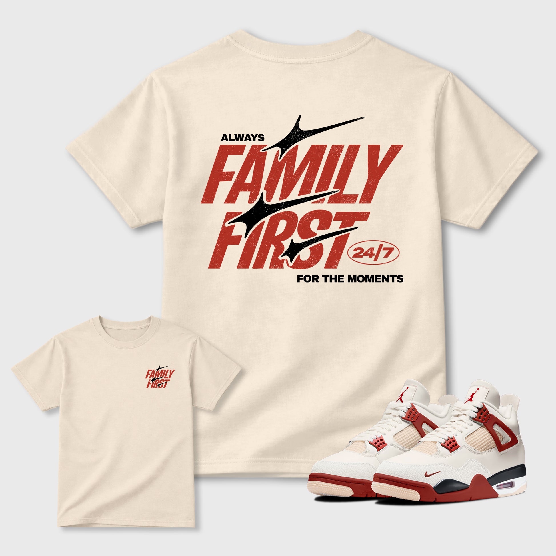 Family First Graphic T-Shirt sneaker match tee designed for the Air Jordan 4 Brick After Brick sneakers, featuring coordinated color options for a perfect streetwear match. Natural shirt.