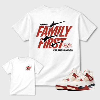 Family First Graphic T-Shirt sneaker match tee designed for the 4s Brick After Brick, featuring coordinated color options for a perfect streetwear match. White shirt.