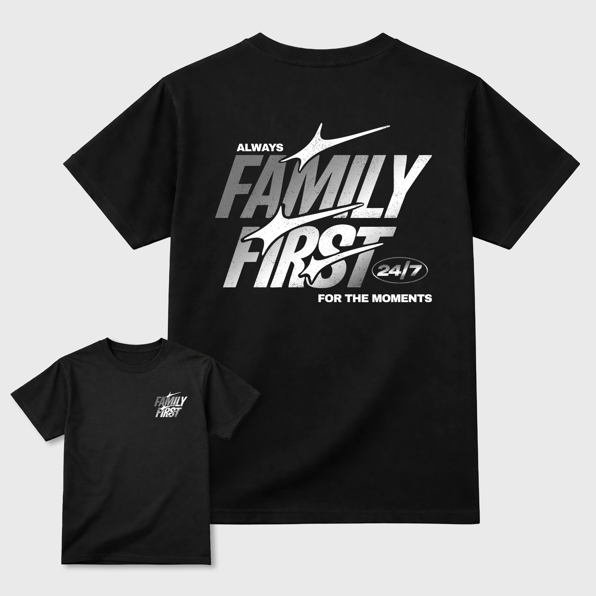 Family First Graphic T-Shirt featuring original streetwear artwork designed to match the Air Jordan 8 Chrome. Black Graphic T-Shirt.
