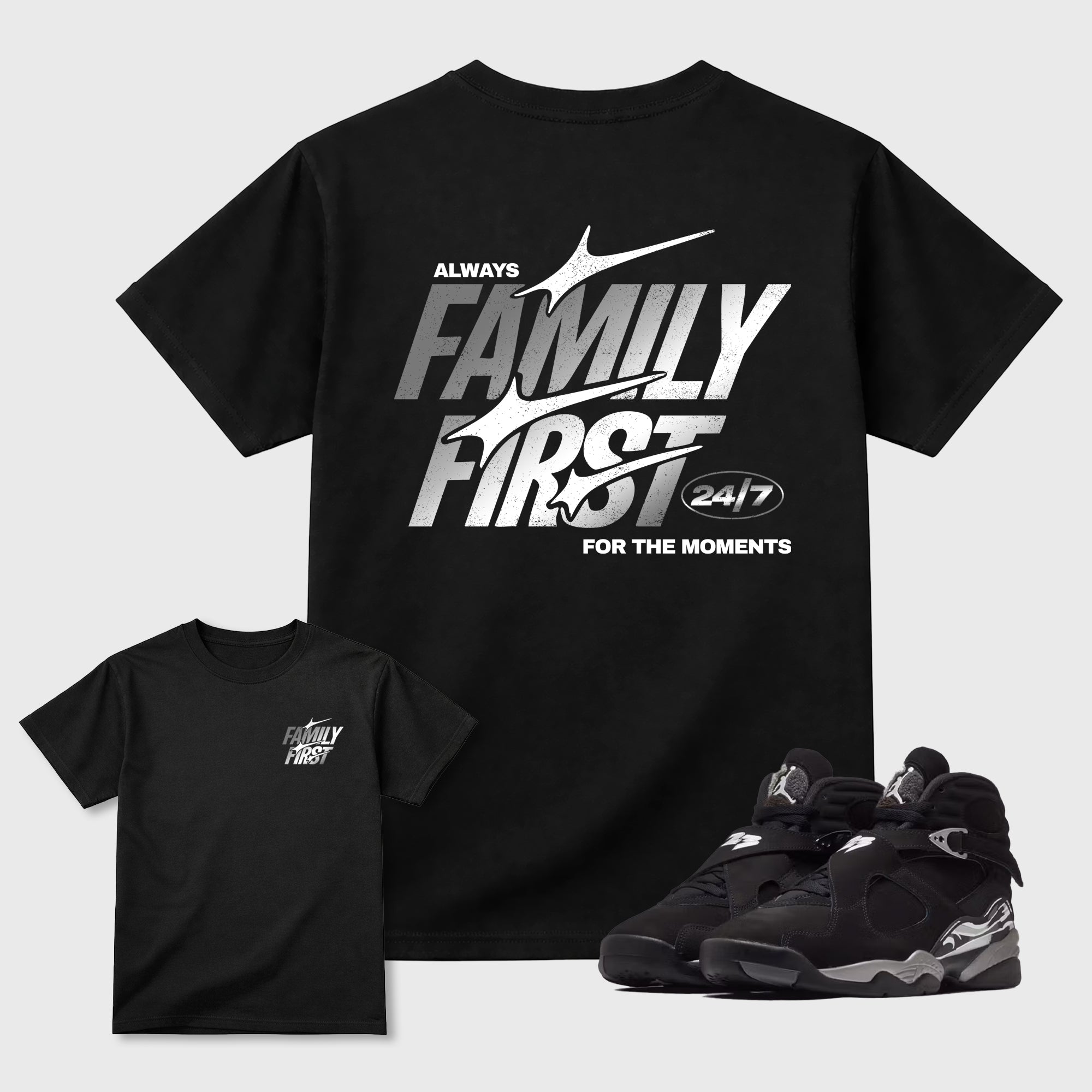 Family First Graphic T-Shirt featuring original streetwear artwork designed to match the . Black Graphic T-Shirt.
