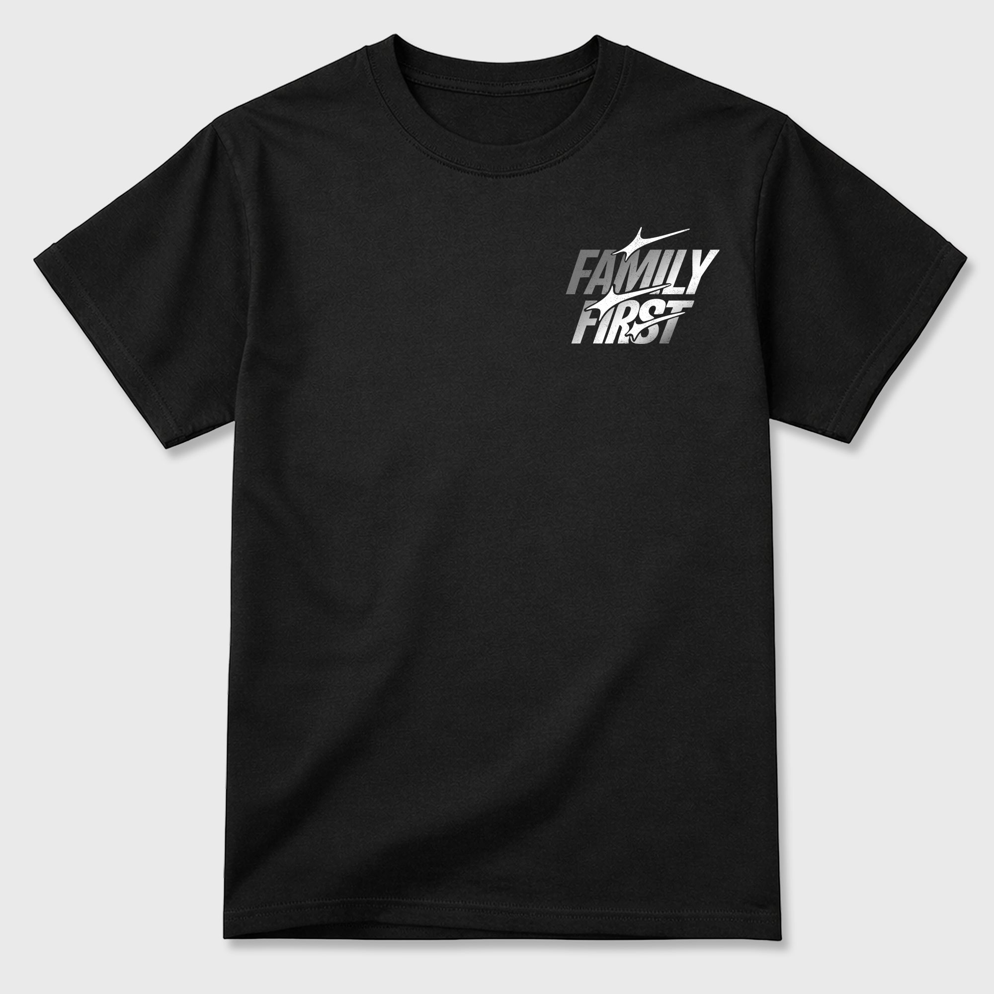 Family First Graphic T-Shirt featuring original streetwear artwork designed to match the . Black Graphic T-Shirt.