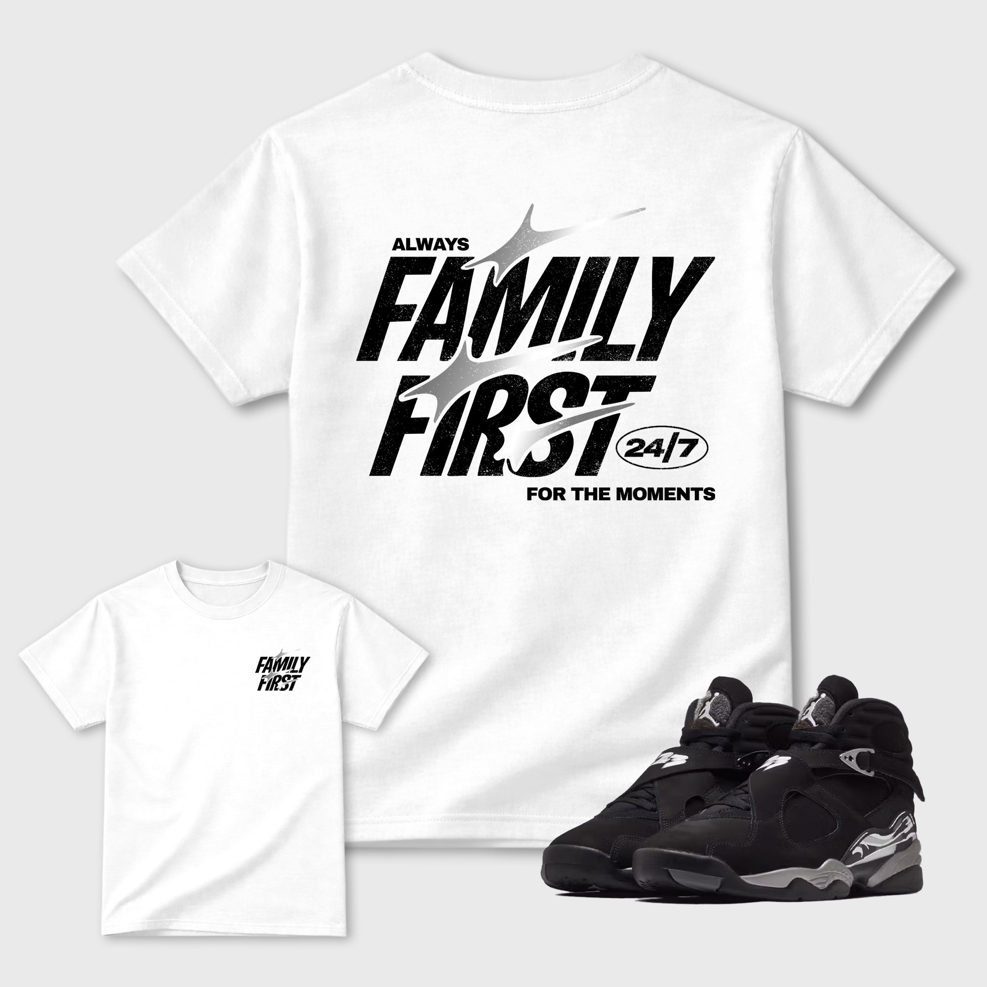 Family First Graphic T-Shirt featuring original streetwear artwork designed to match the . White Graphic T-Shirt.
