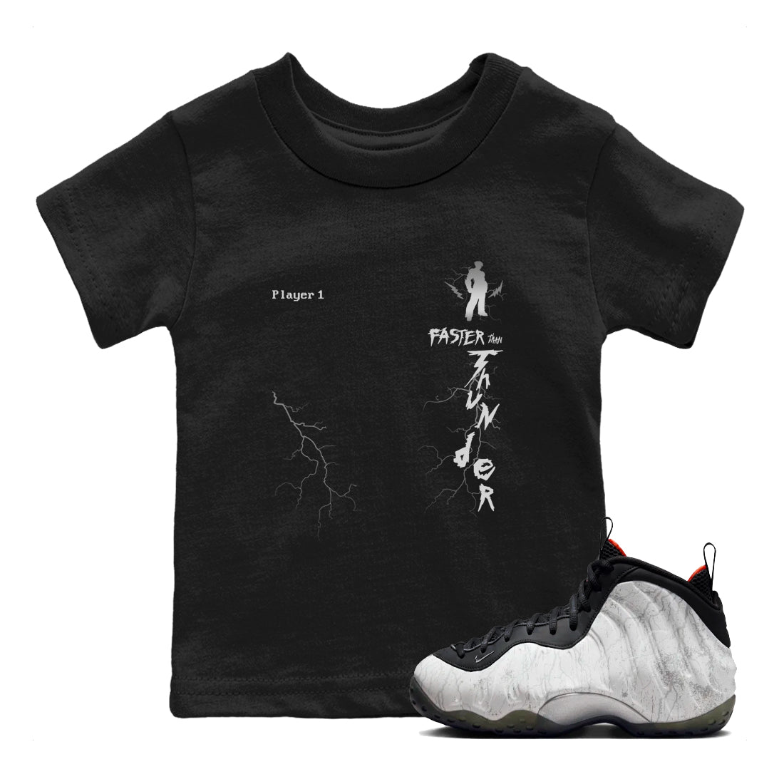Foams One Jin shirts to match jordans Faster Than Thunder sneaker match tees Air Foamposite One Jin match shoes to clothes SNRT Sneaker Tees Youth Baby Black 1 tee