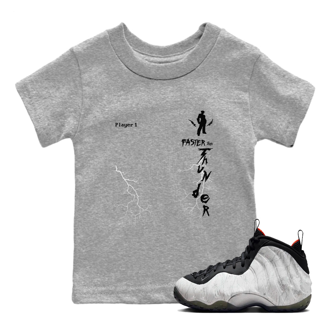 Foams One Jin shirts to match jordans Faster Than Thunder sneaker match tees Air Foamposite One Jin match shoes to clothes SNRT Sneaker Tees Youth Baby Heather Grey 1 tee