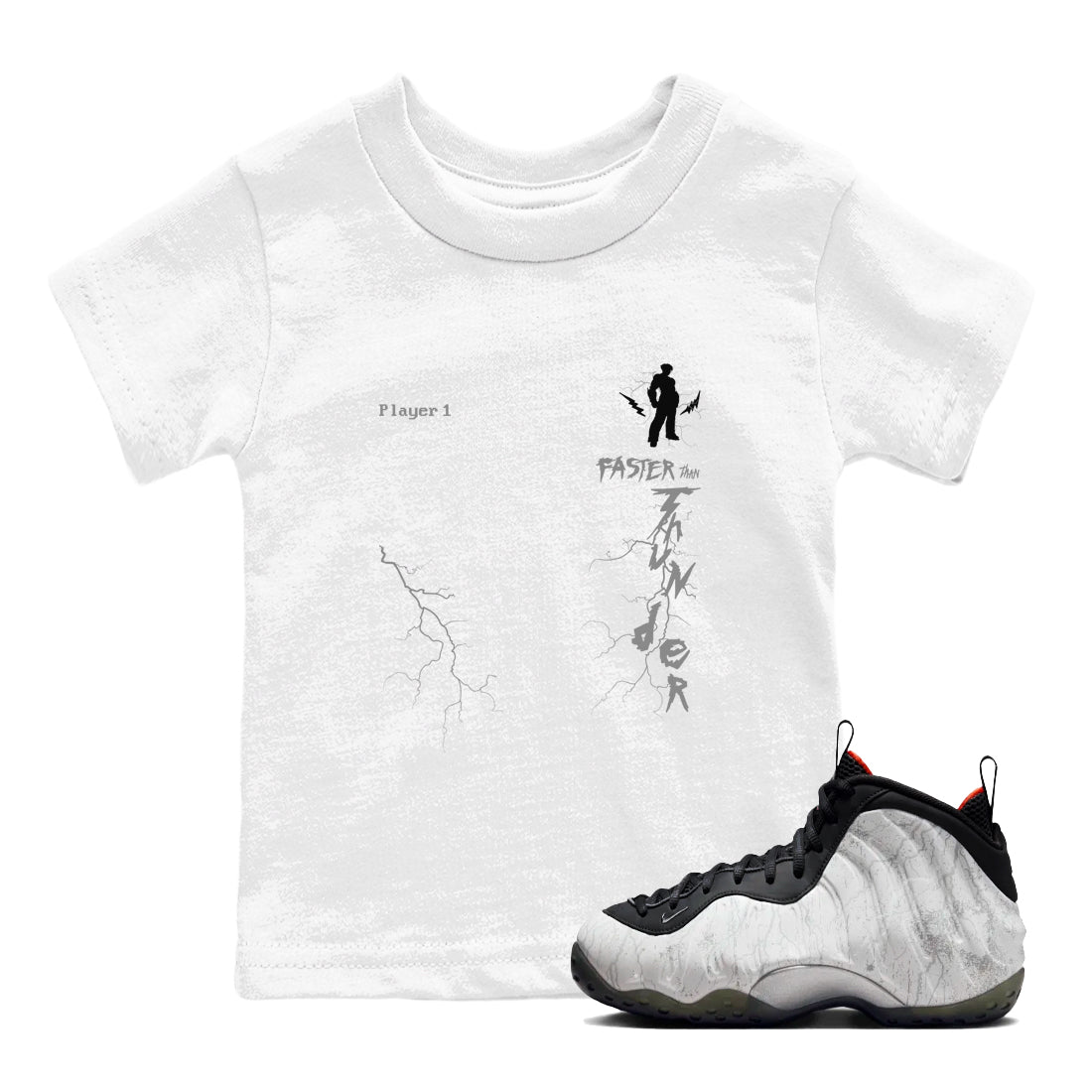 Foams One Jin shirts to match jordans Faster Than Thunder sneaker match tees Air Foamposite One Jin match shoes to clothes SNRT Sneaker Tees Youth Baby White 1 tee
