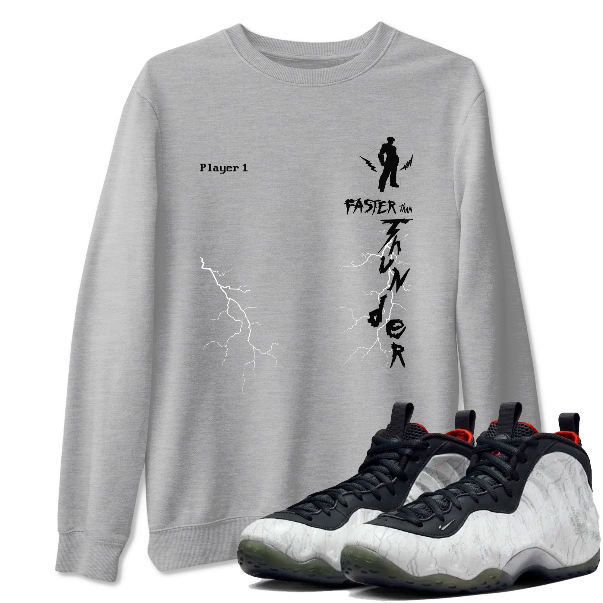 Foams One Jin shirts to match jordans Faster Than Thunder sneaker match tees Air Foamposite One Jin match shoes to clothes SNRT Sneaker Tees unisex cotton Heather Grey 1 shirts