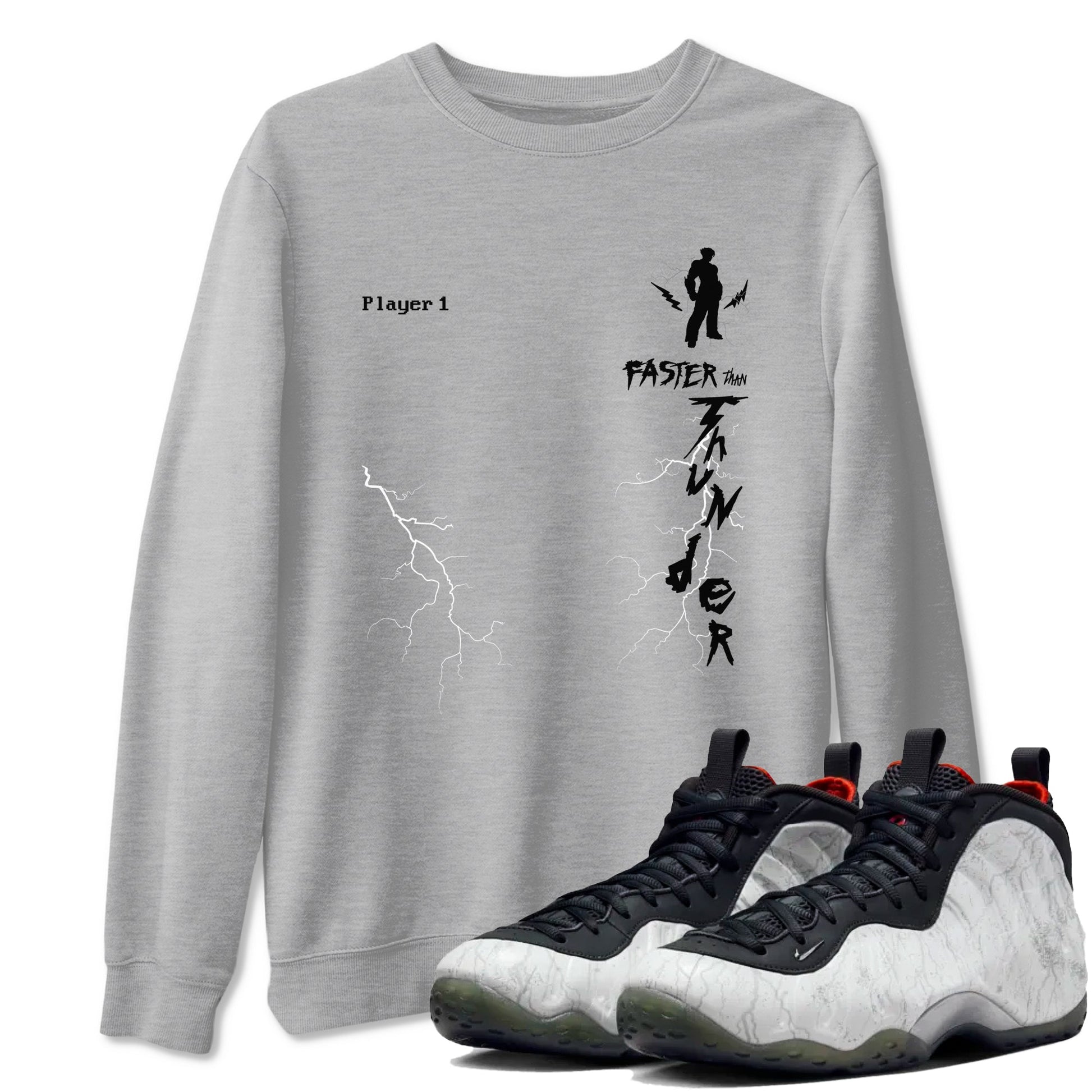 Foams One Jin shirts to match jordans Faster Than Thunder sneaker match tees Air Foamposite One Jin match shoes to clothes SNRT Sneaker Tees unisex cotton Heather Grey 1 shirts
