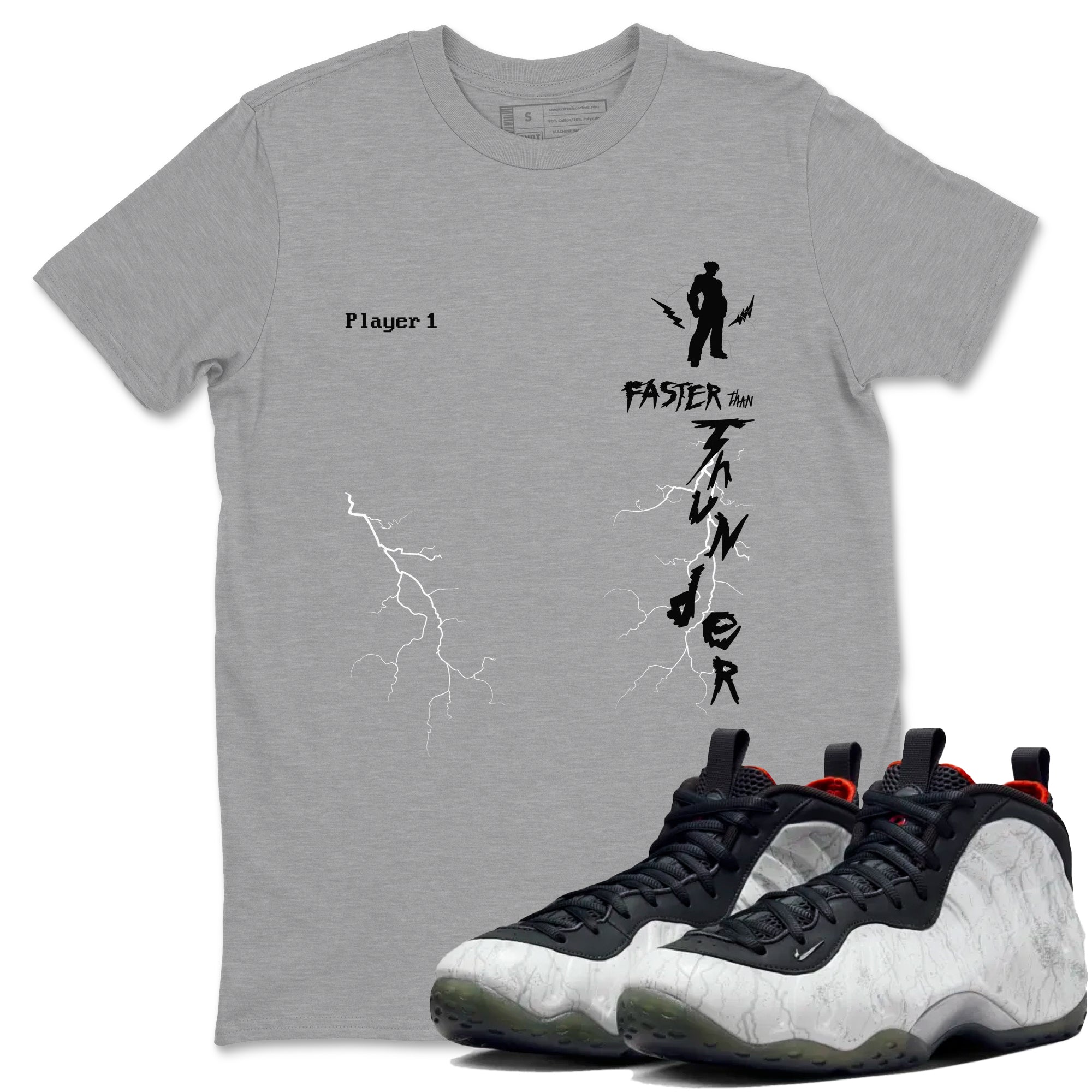 Foams One Jin shirts to match jordans Faster Than Thunder sneaker match tees Air Foamposite One Jin match shoes to clothes SNRT Sneaker Tees unisex cotton Heather Grey 1 shirts