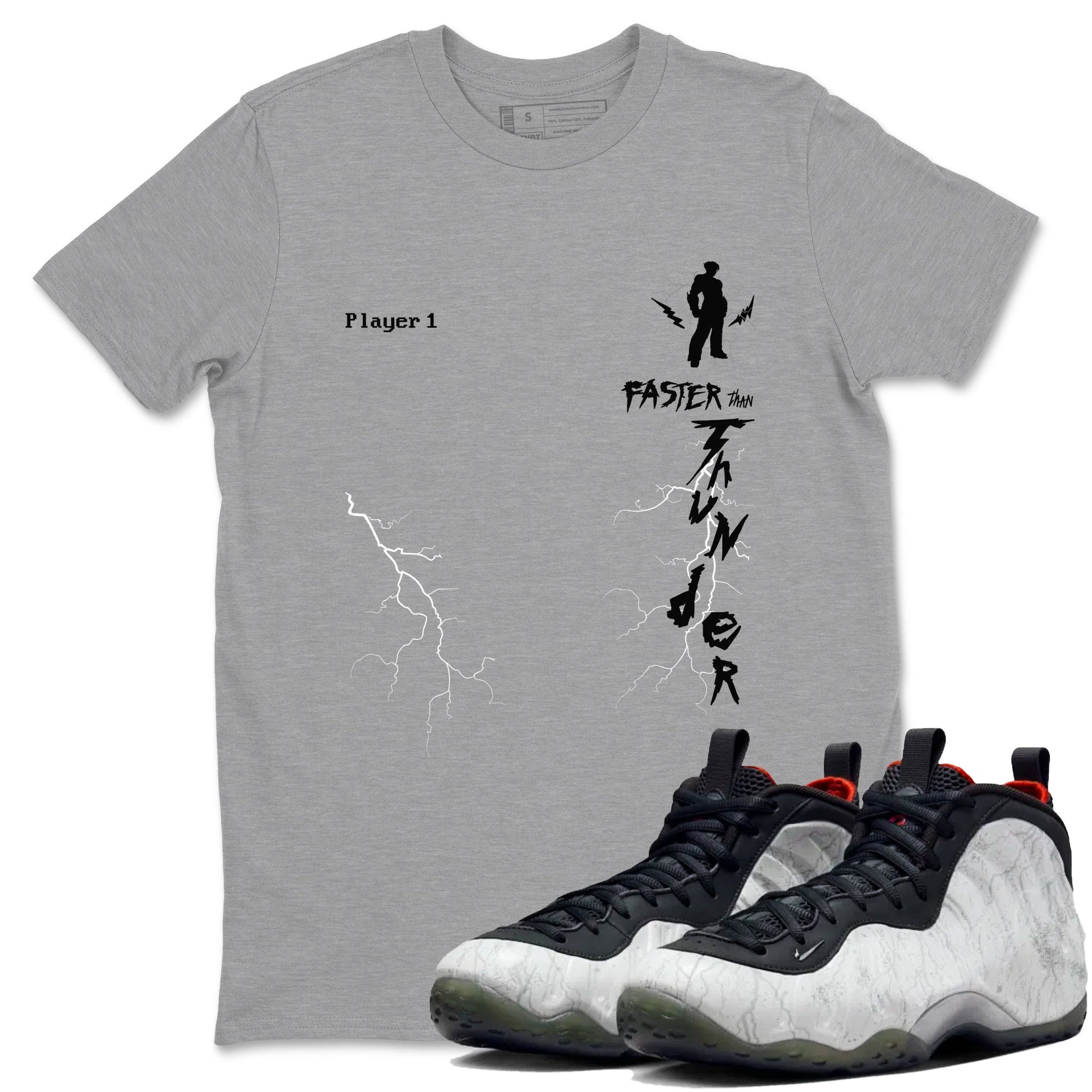 Foams One Jin shirts to match jordans Faster Than Thunder sneaker match tees Air Foamposite One Jin match shoes to clothes SNRT Sneaker Tees unisex cotton Heather Grey 1 shirts