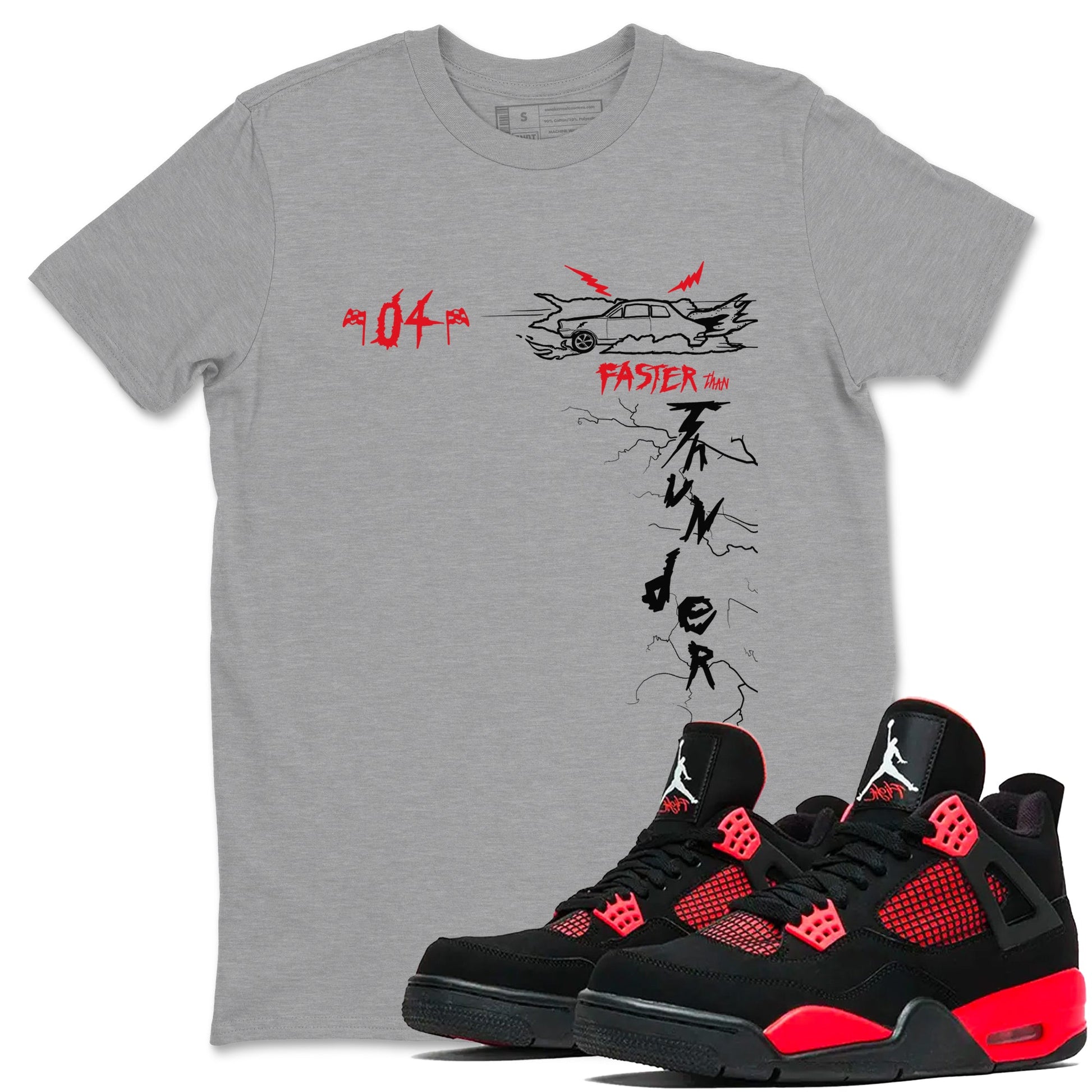 4s Red Thunder shirts to match jordans Faster Than Thunder sneaker match tees Air Jordan 4 Red Thunder SNRT Sneaker Tees streetwear brand Heather Grey 1 unisex cotton tee